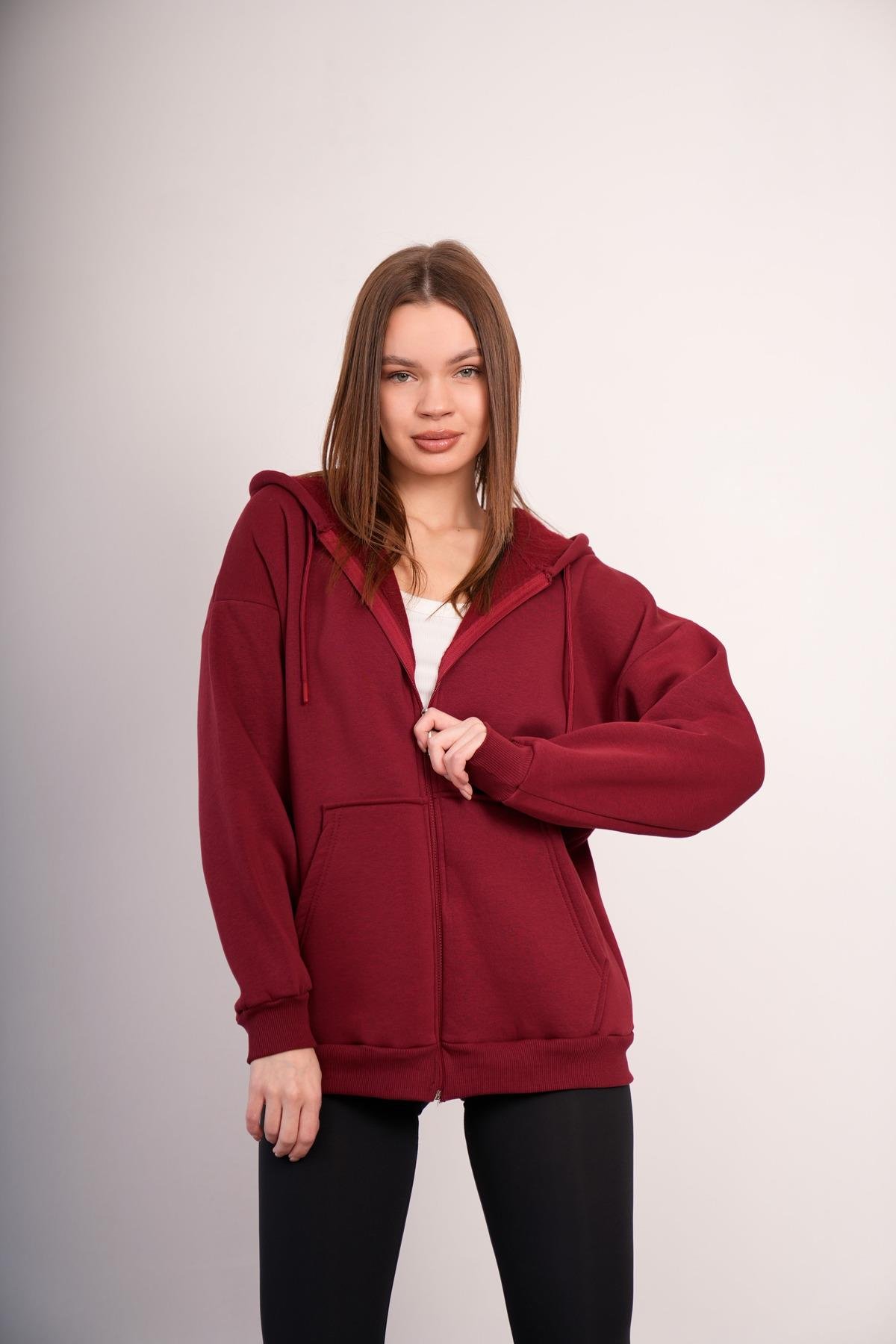 KADIN KAPŞONLU FERMUARLI OVERSİZE SWEAT 3 İPLİK ŞARDONLU 25593