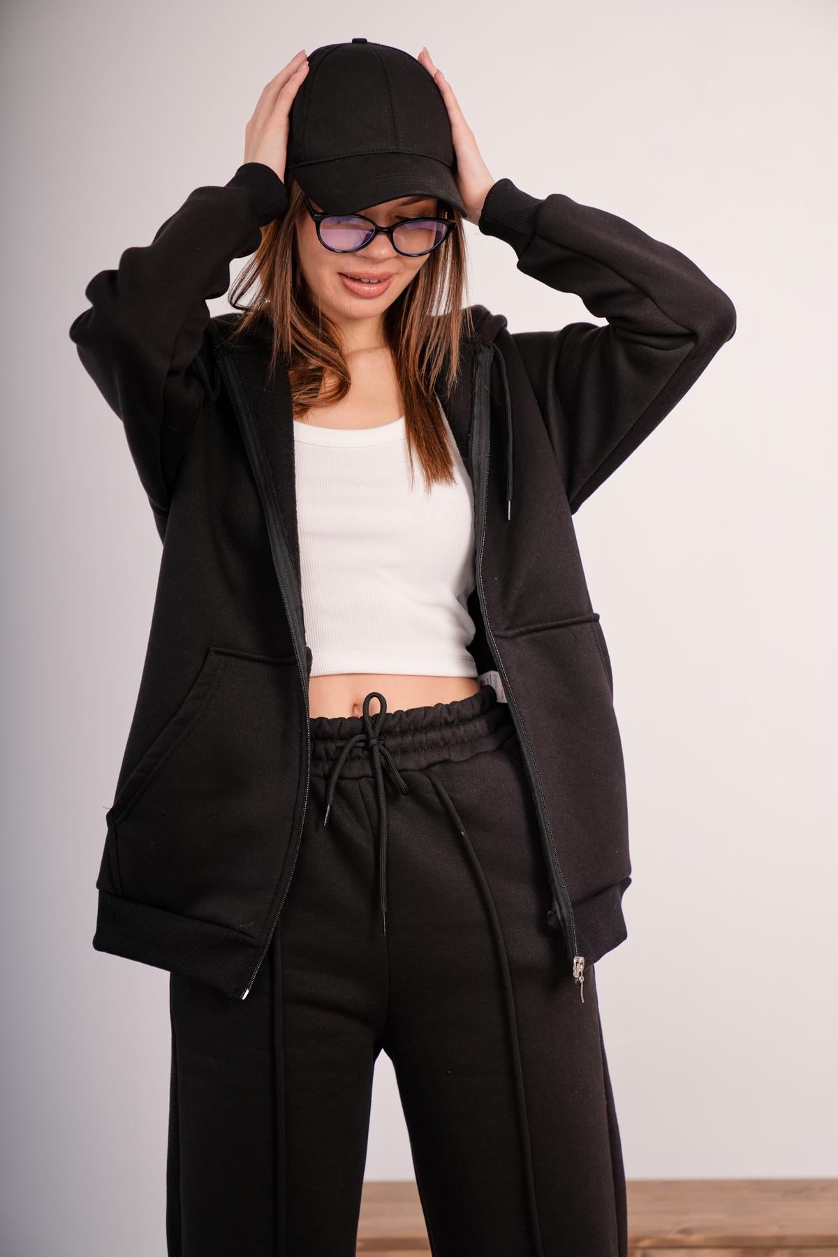 KADIN KAPŞONLU FERMUARLI OVERSİZE SWEAT 3 İPLİK ŞARDONLU 25593