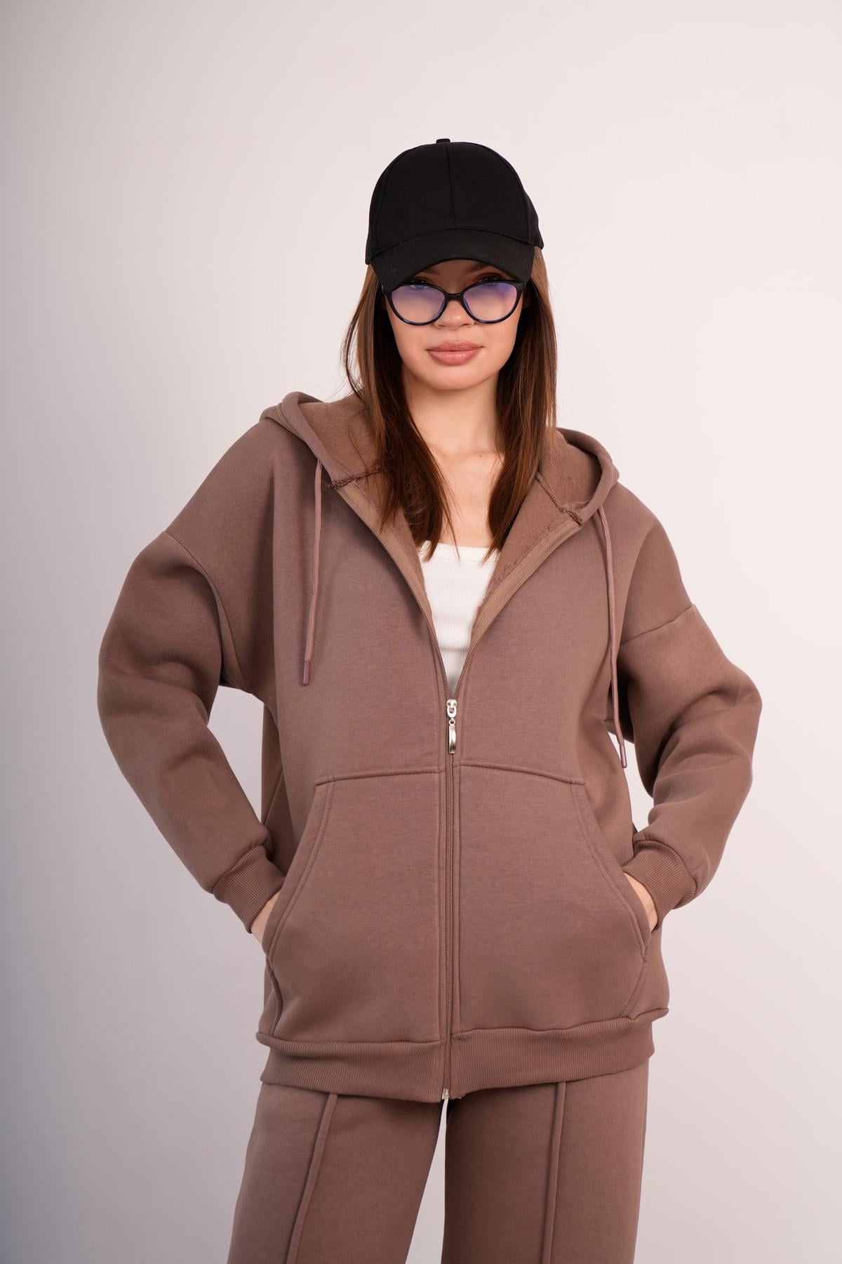 KADIN KAPŞONLU FERMUARLI OVERSİZE SWEAT 3 İPLİK ŞARDONLU 25593