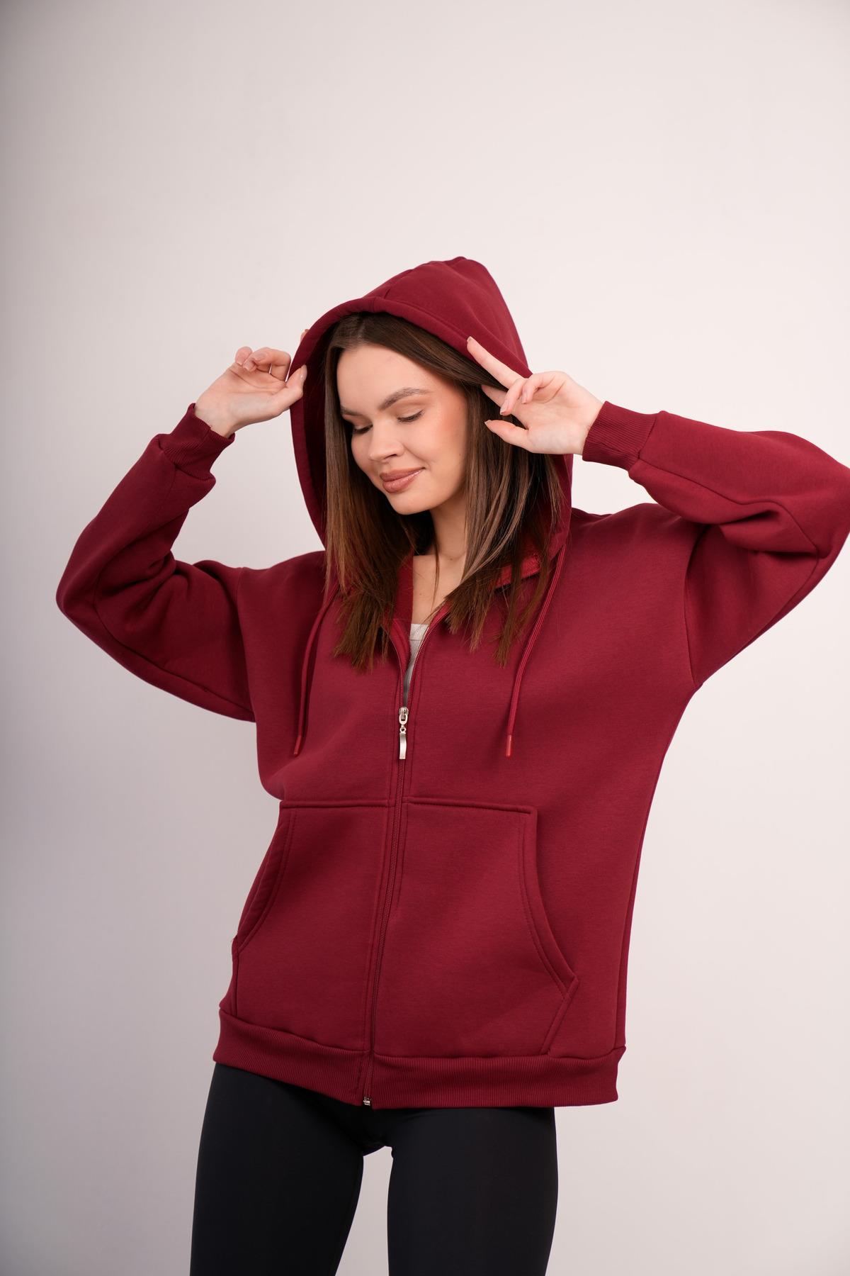 KADIN KAPŞONLU FERMUARLI OVERSİZE SWEAT 3 İPLİK ŞARDONLU 25593
