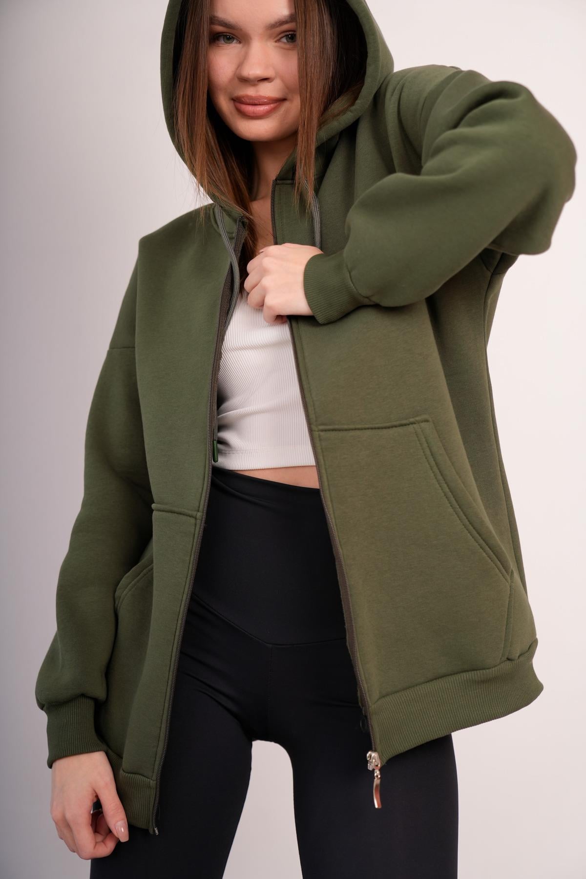 KADIN KAPŞONLU FERMUARLI OVERSİZE SWEAT 3 İPLİK ŞARDONLU 25593