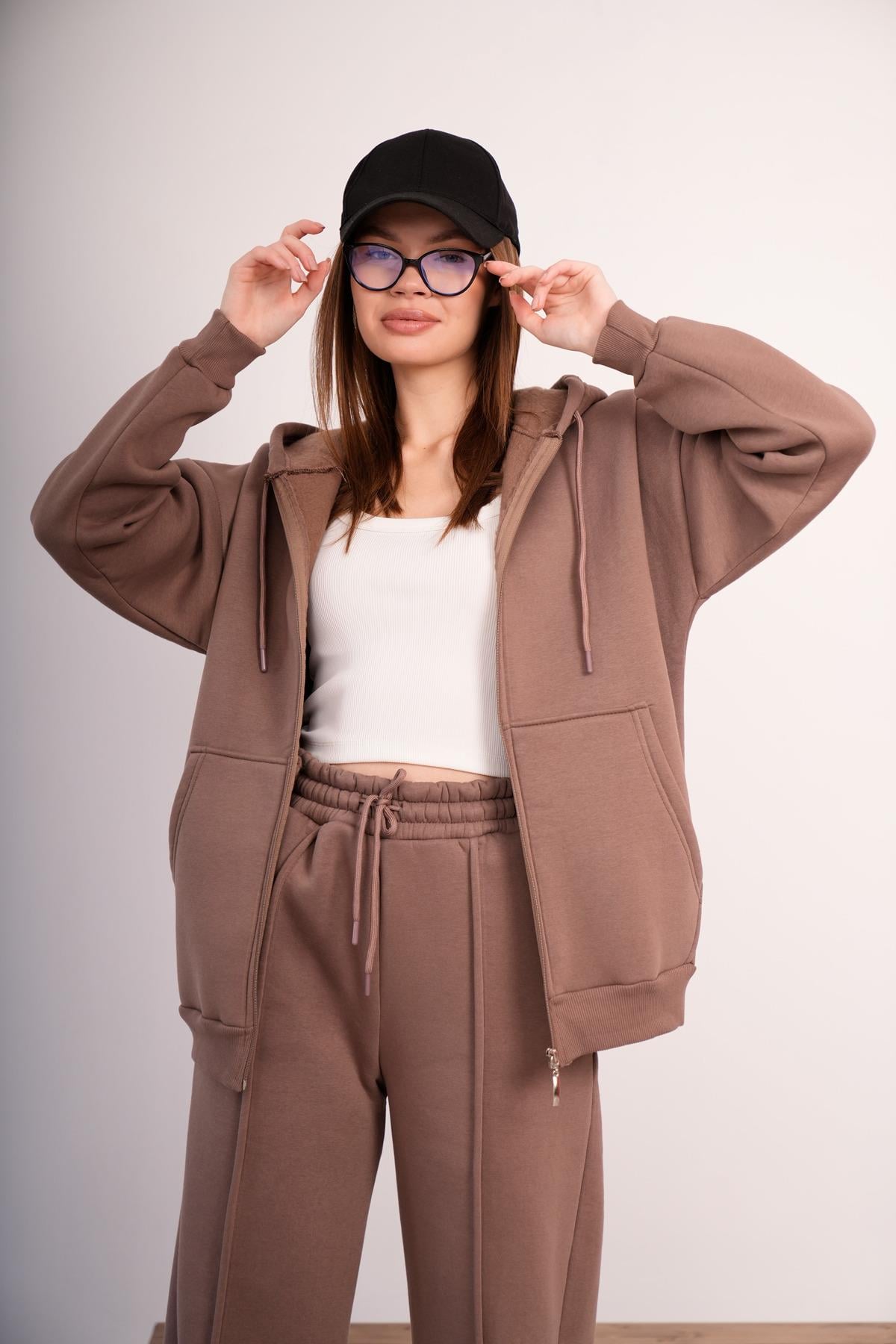 KADIN KAPŞONLU FERMUARLI OVERSİZE SWEAT 3 İPLİK ŞARDONLU 25593