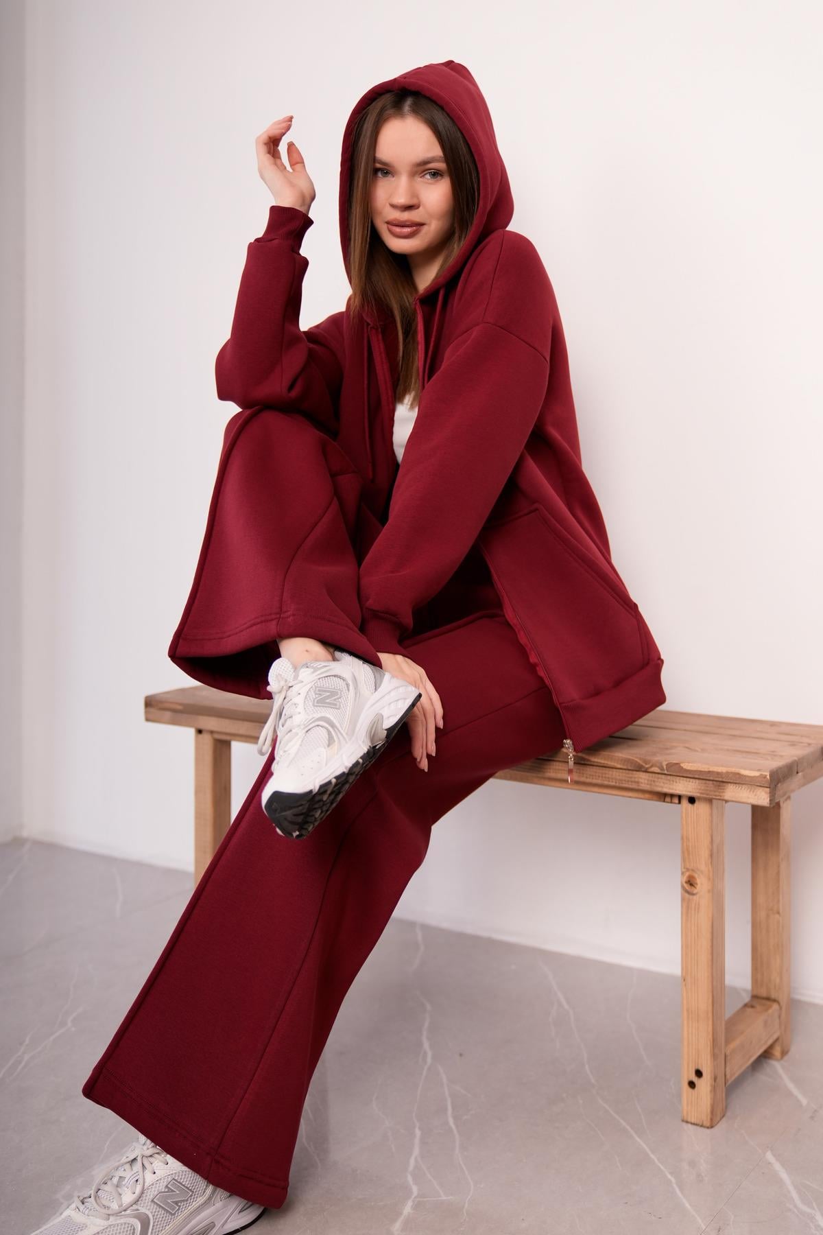 KADIN KAPŞONLU FERMUARLI OVERSİZE SWEAT 3 İPLİK ŞARDONLU 25593
