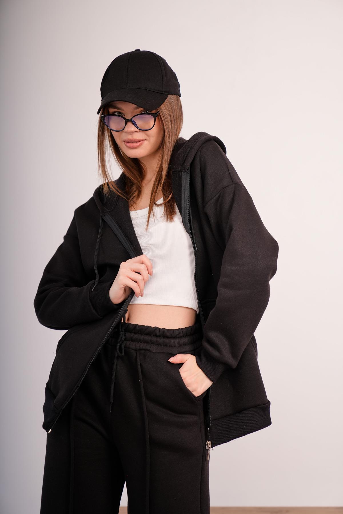 KADIN KAPŞONLU FERMUARLI OVERSİZE SWEAT 3 İPLİK ŞARDONLU 25593