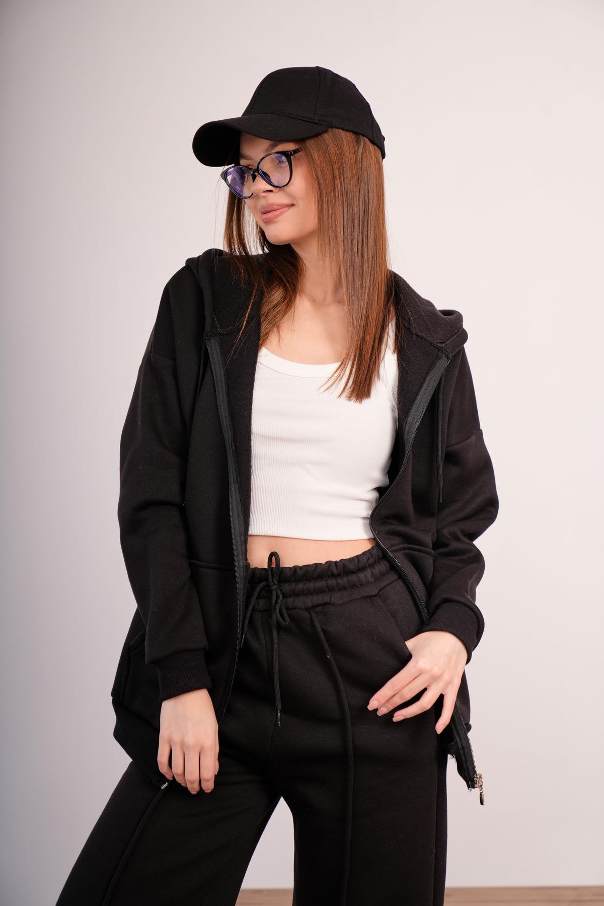 KADIN KAPŞONLU FERMUARLI OVERSİZE SWEAT 3 İPLİK ŞARDONLU 25593