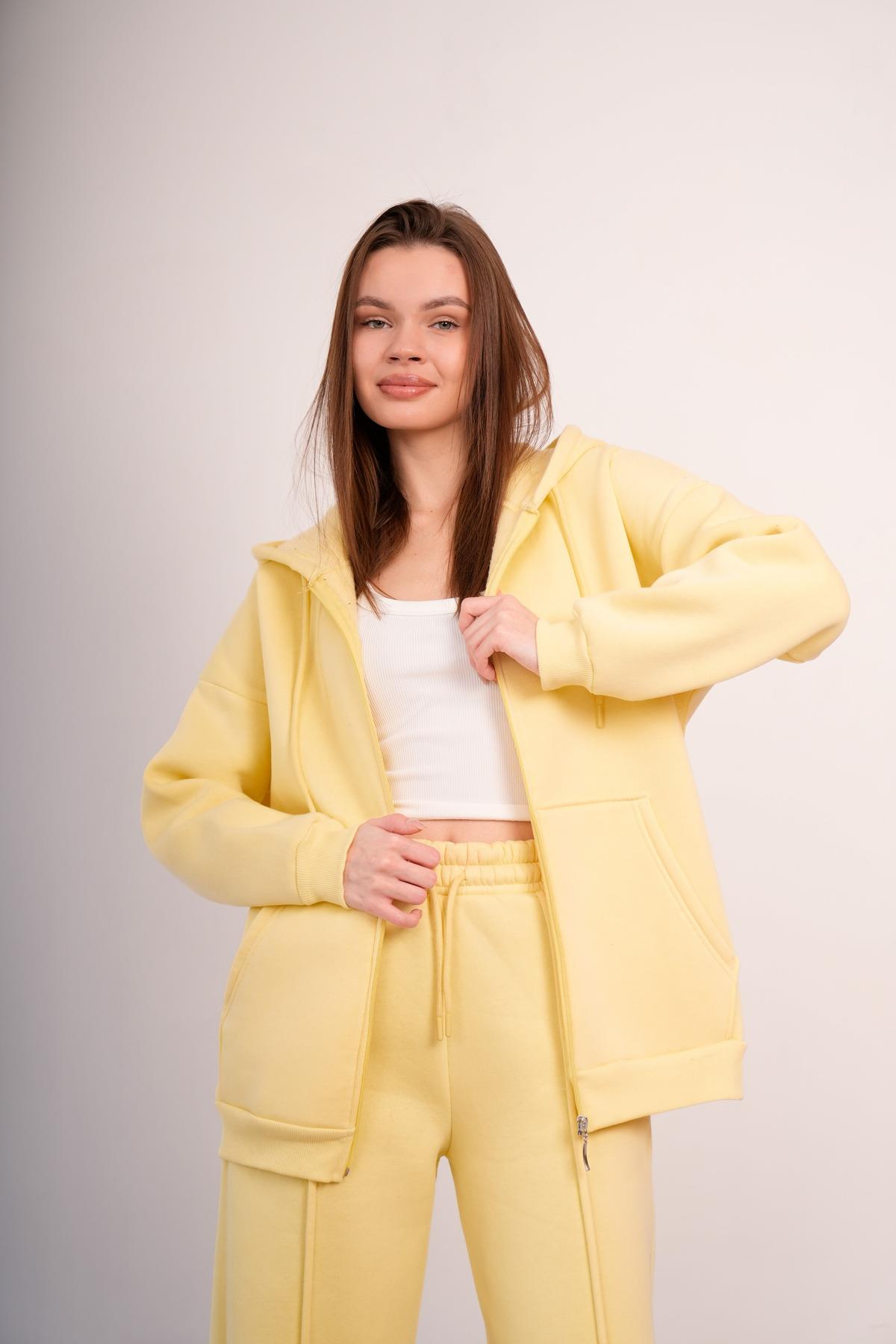 KADIN KAPŞONLU FERMUARLI OVERSİZE SWEAT 3 İPLİK ŞARDONLU 25593