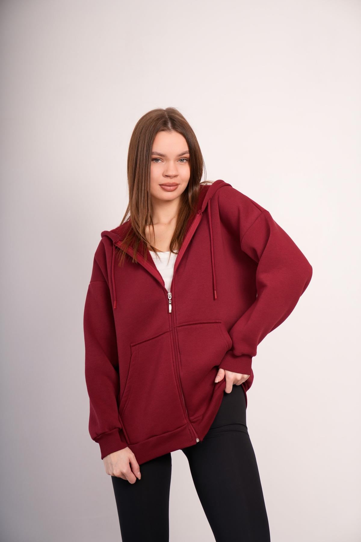 KADIN KAPŞONLU FERMUARLI OVERSİZE SWEAT 3 İPLİK ŞARDONLU 25593