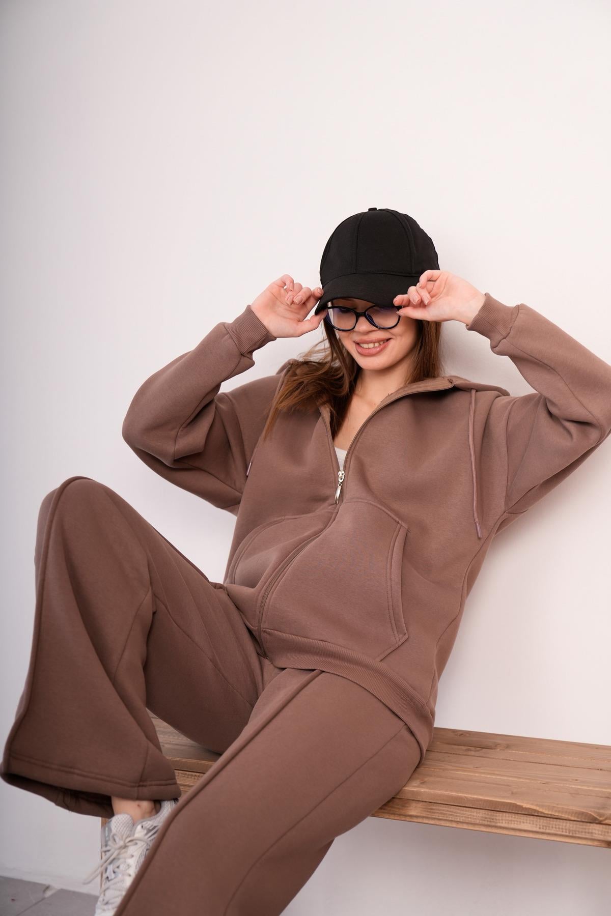 KADIN KAPŞONLU FERMUARLI OVERSİZE SWEAT 3 İPLİK ŞARDONLU 25593