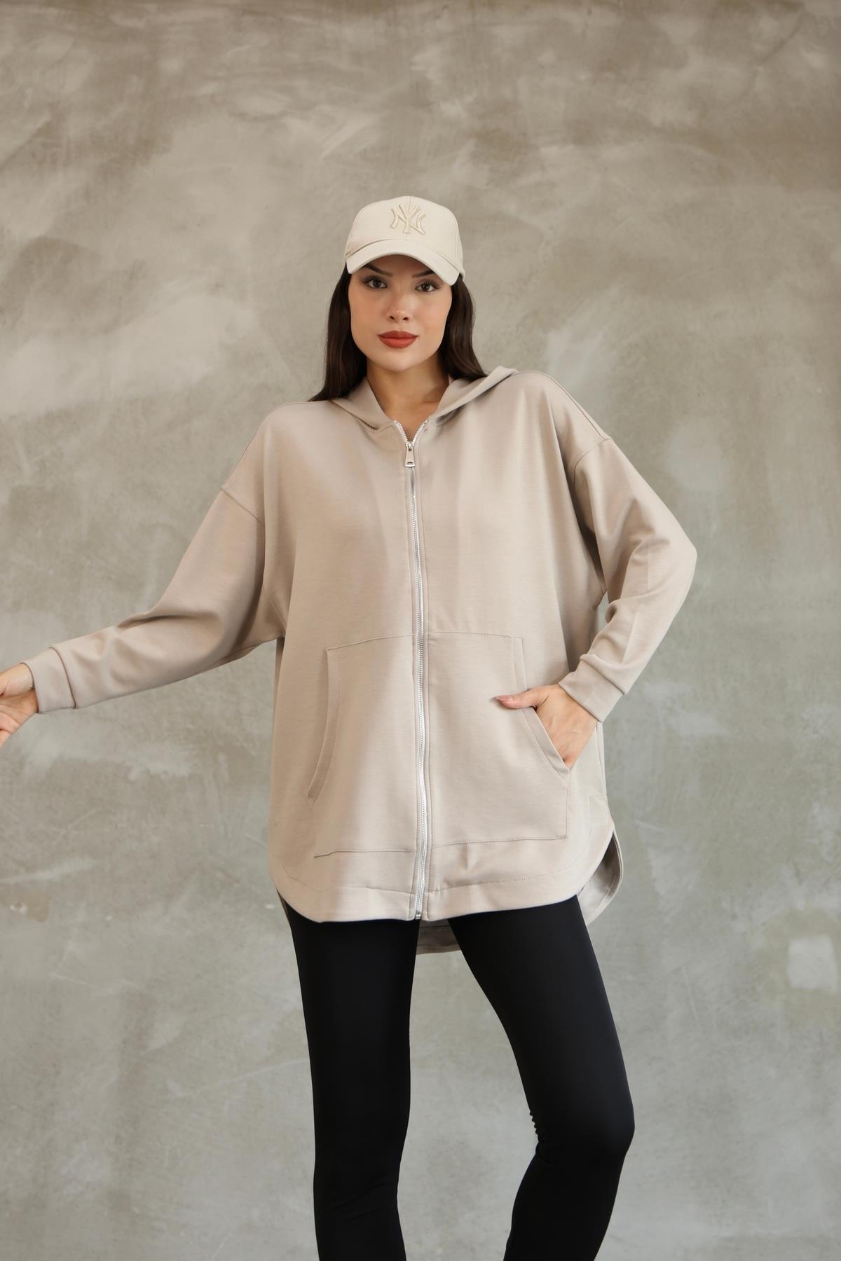 Kadın Kapüşonlu Fermuarlı Oversize Sweatshirt 25518