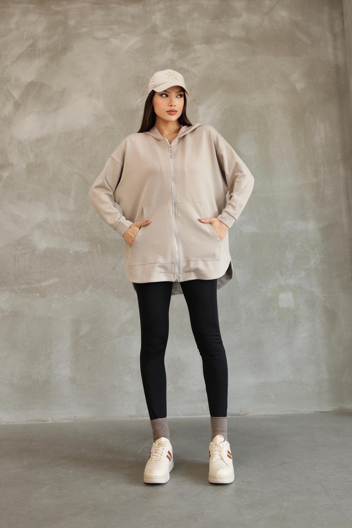 Kadın Kapüşonlu Fermuarlı Oversize Sweatshirt 25518