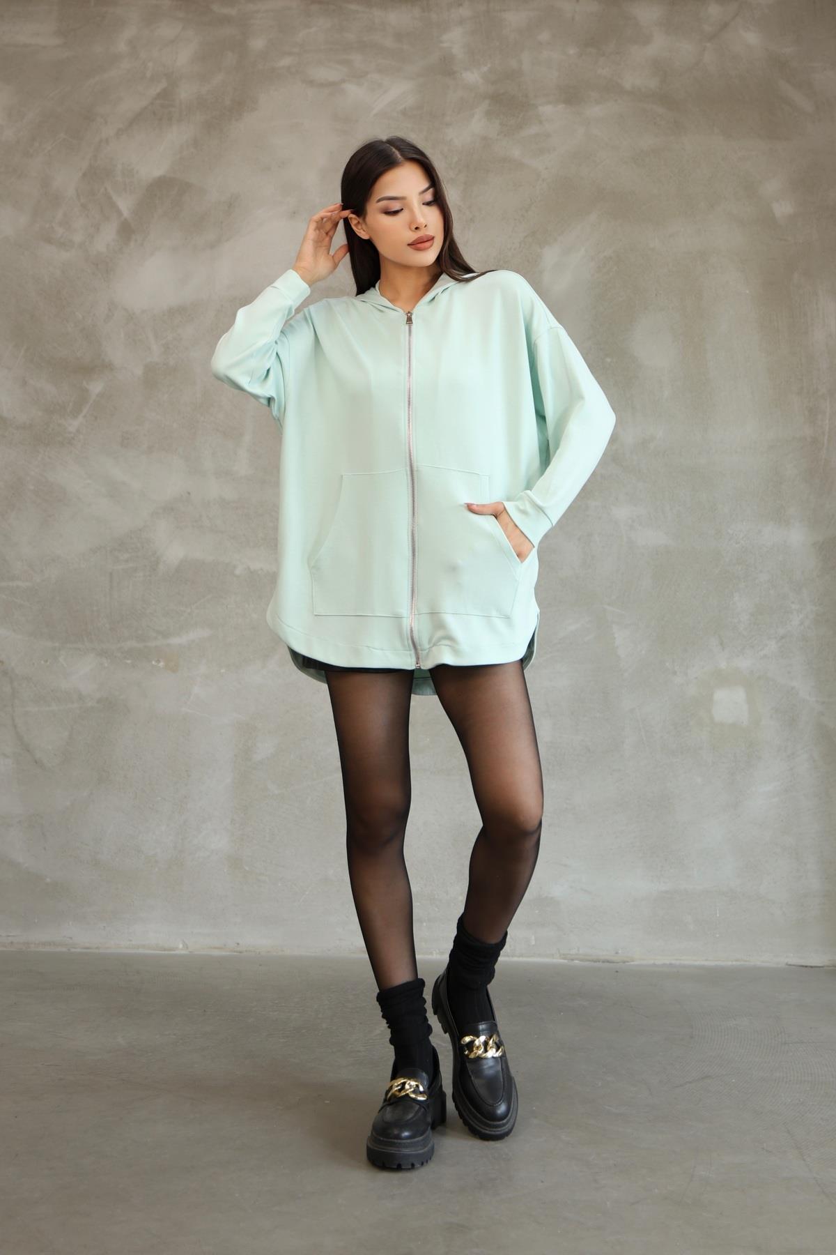 Kadın Modal Kumaş Kapüşonlu Fermuarlı Oversize Hırka 25518