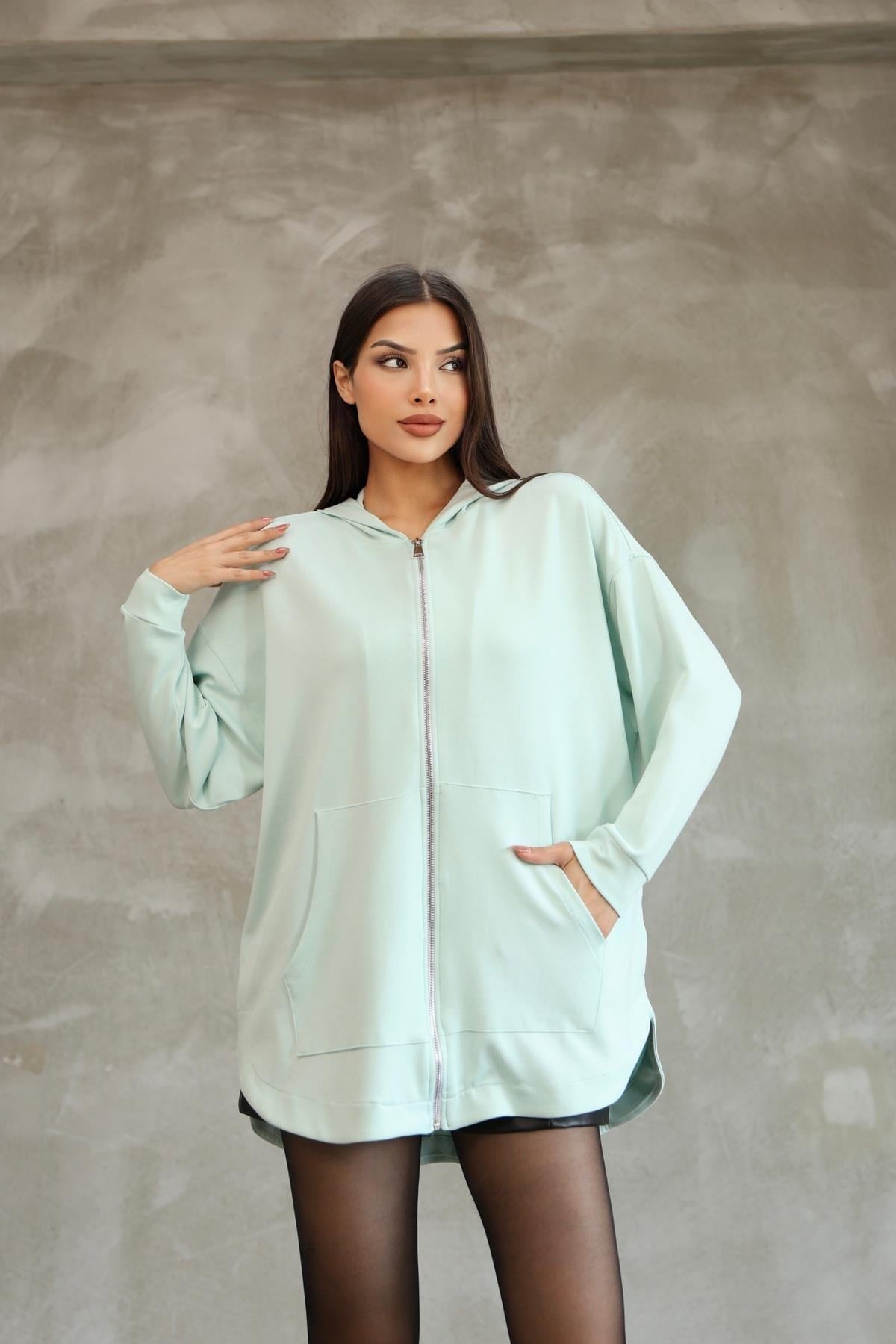 Kadın Modal Kumaş Kapüşonlu Fermuarlı Oversize Hırka 25518