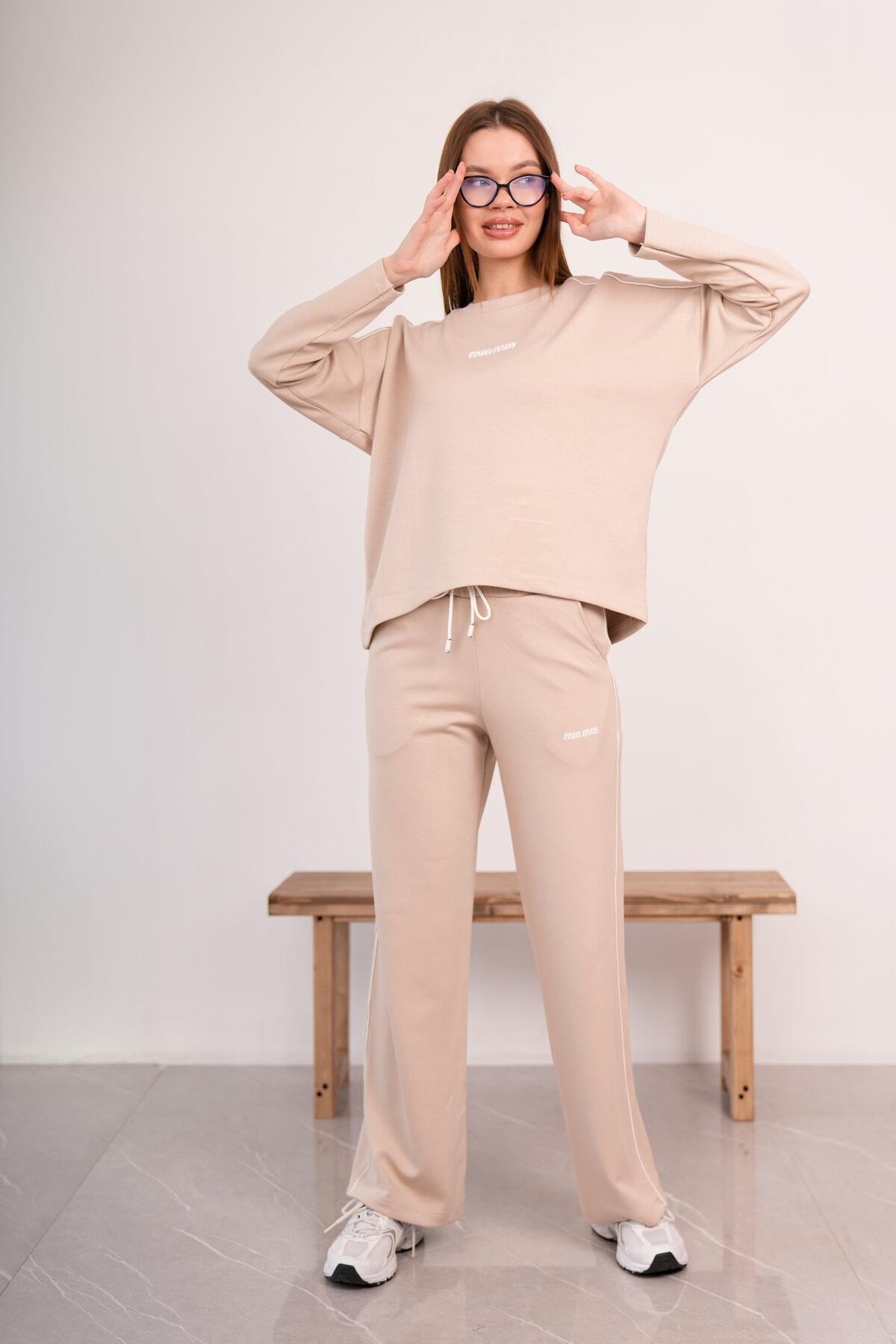 Kadın Modal Kumaş Oversize Rahat İkili Takım – Sweat & Wide Leg Alt 25545