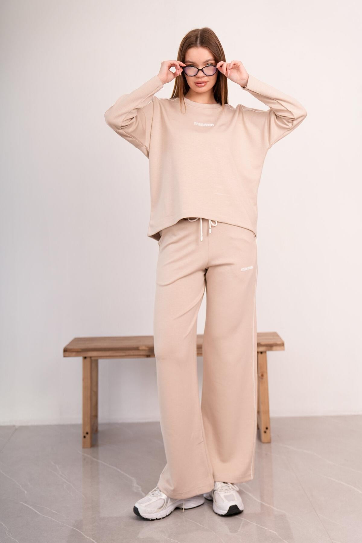 Kadın Modal Kumaş Oversize Rahat İkili Takım – Sweat & Wide Leg Alt 25545
