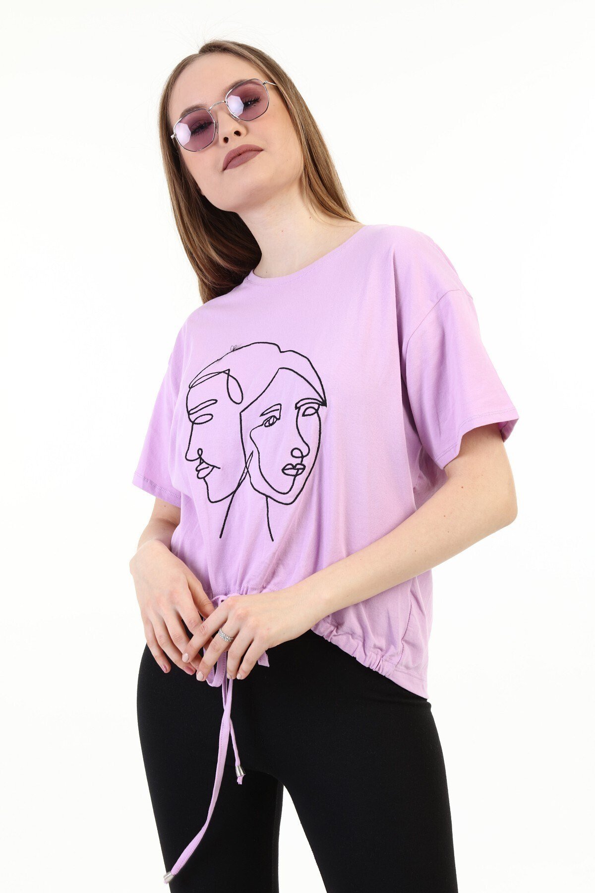 Kadın Nakışlı Lila T-shirt 20085