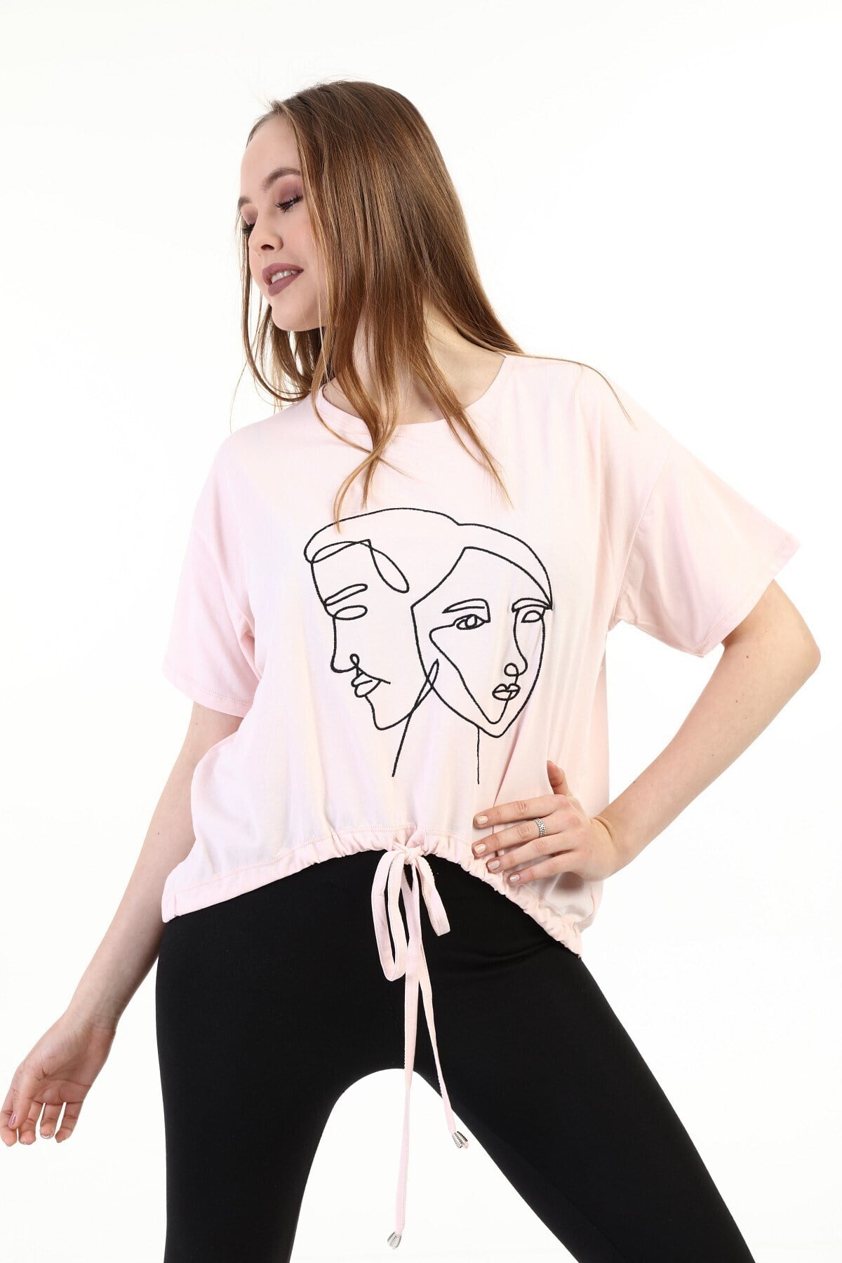 Kadın Nakışlı Pudra T-shirt 20085