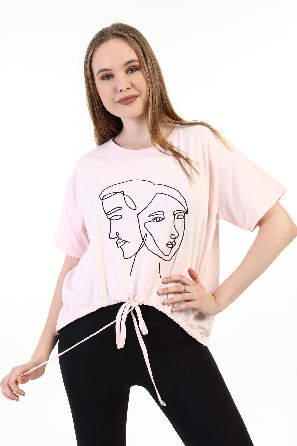 Kadın Nakışlı Pudra T-shirt 20085