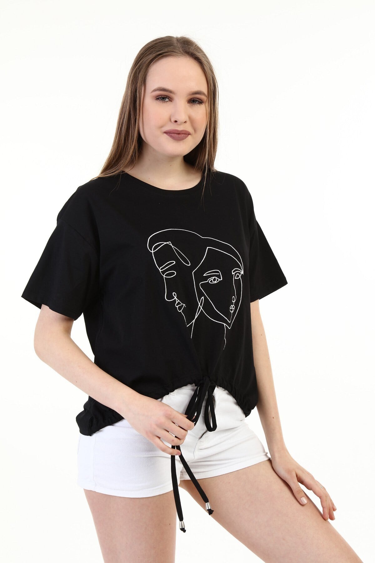 Kadın Nakışlı Siyah T-shirt 20085