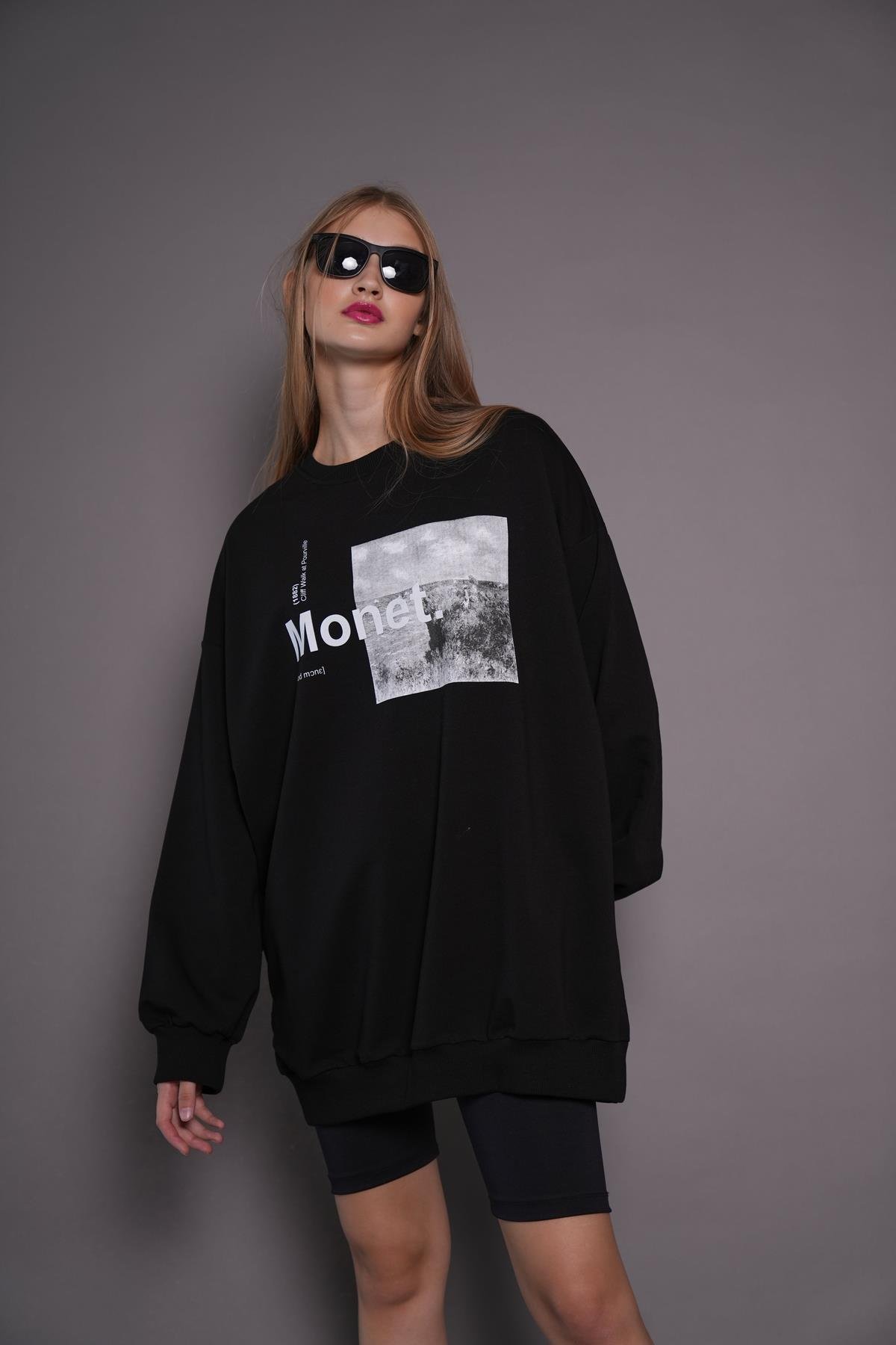 Kadın Oversize Baskılı Uzun Sweatshirt / Tunik 24539 Siyah
