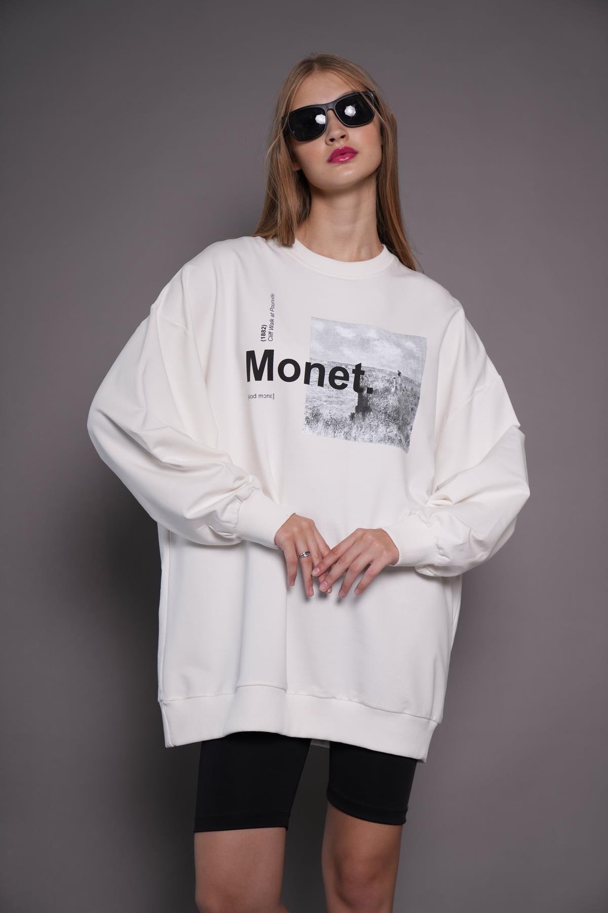 Kadın Oversize Baskılı Uzun Sweatshirt / Tunik 24539 Ekru