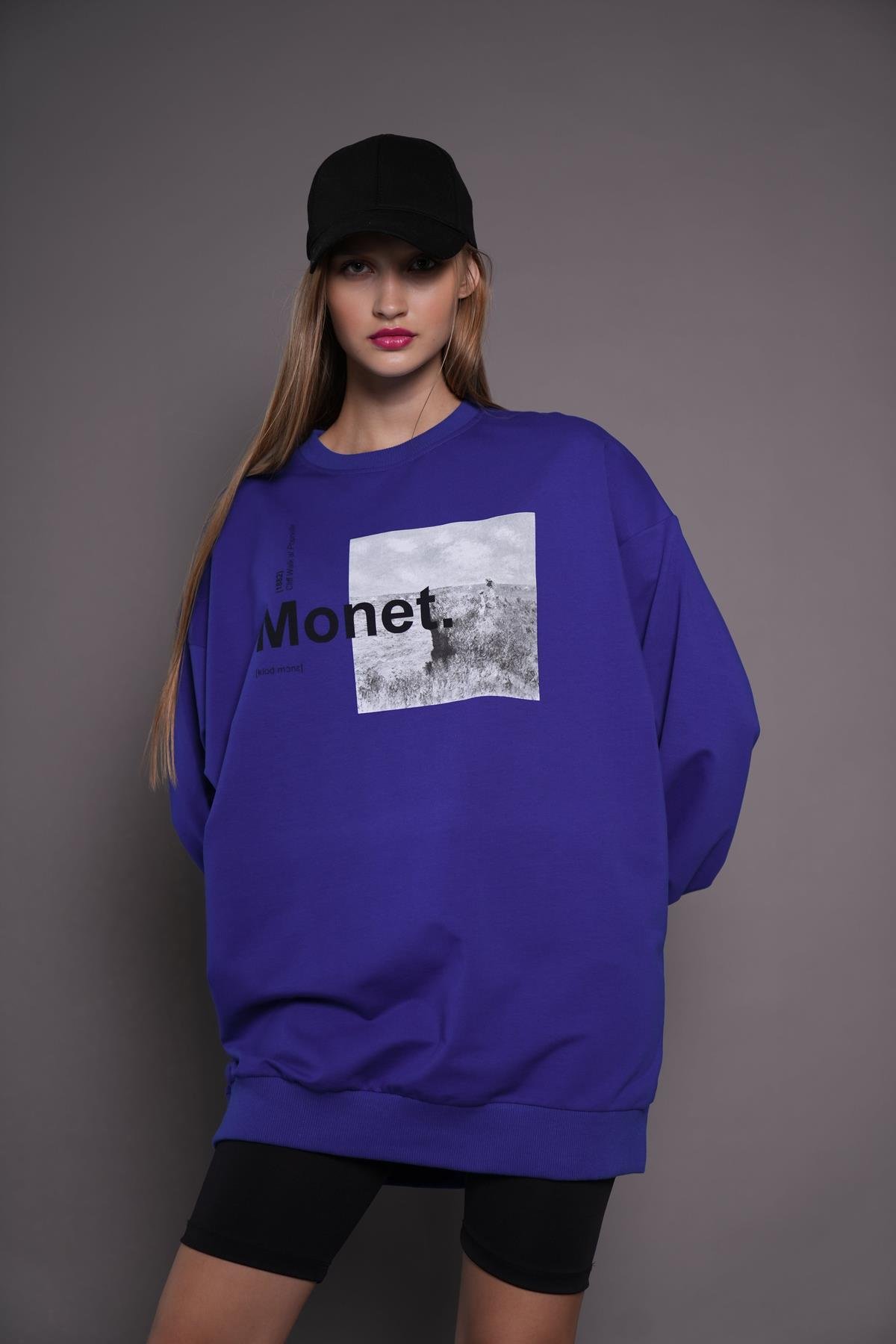 Kadın Oversize Baskılı Uzun Sweatshirt / Tunik 24539 Sax