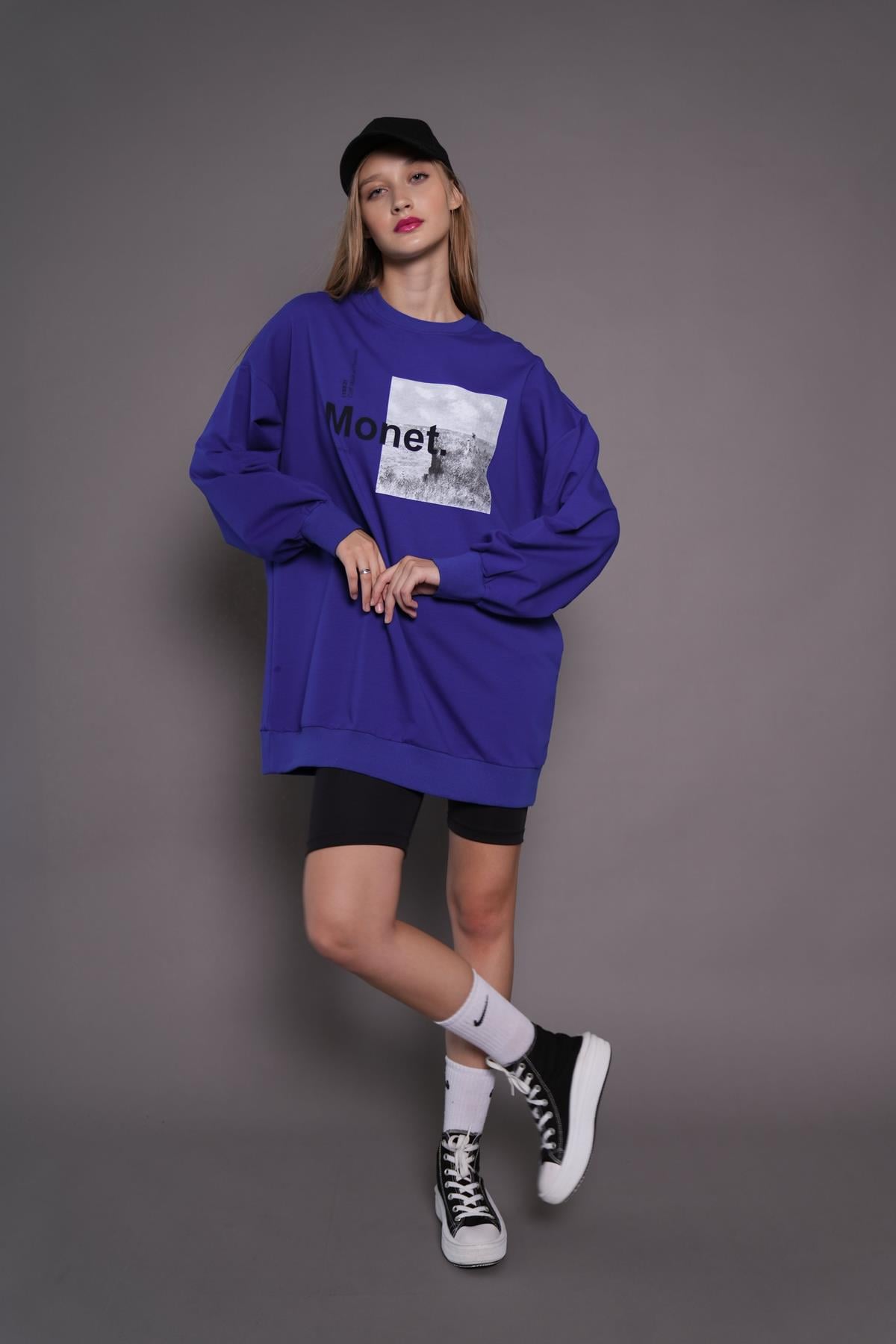 Kadın Oversize Baskılı Uzun Sweatshirt / Tunik 24539 Sax