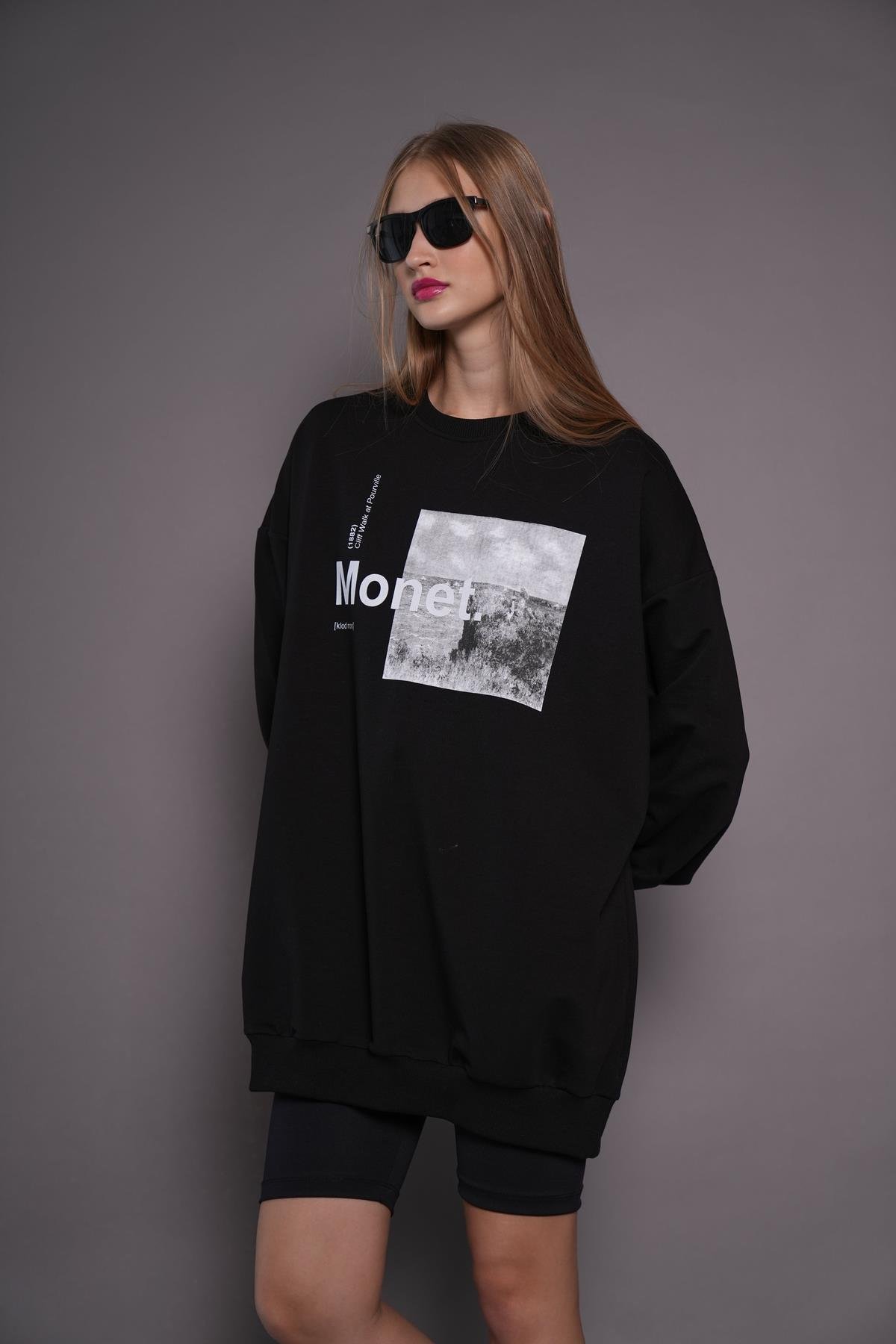 Kadın Oversize Baskılı Uzun Sweatshirt / Tunik 24539 Siyah