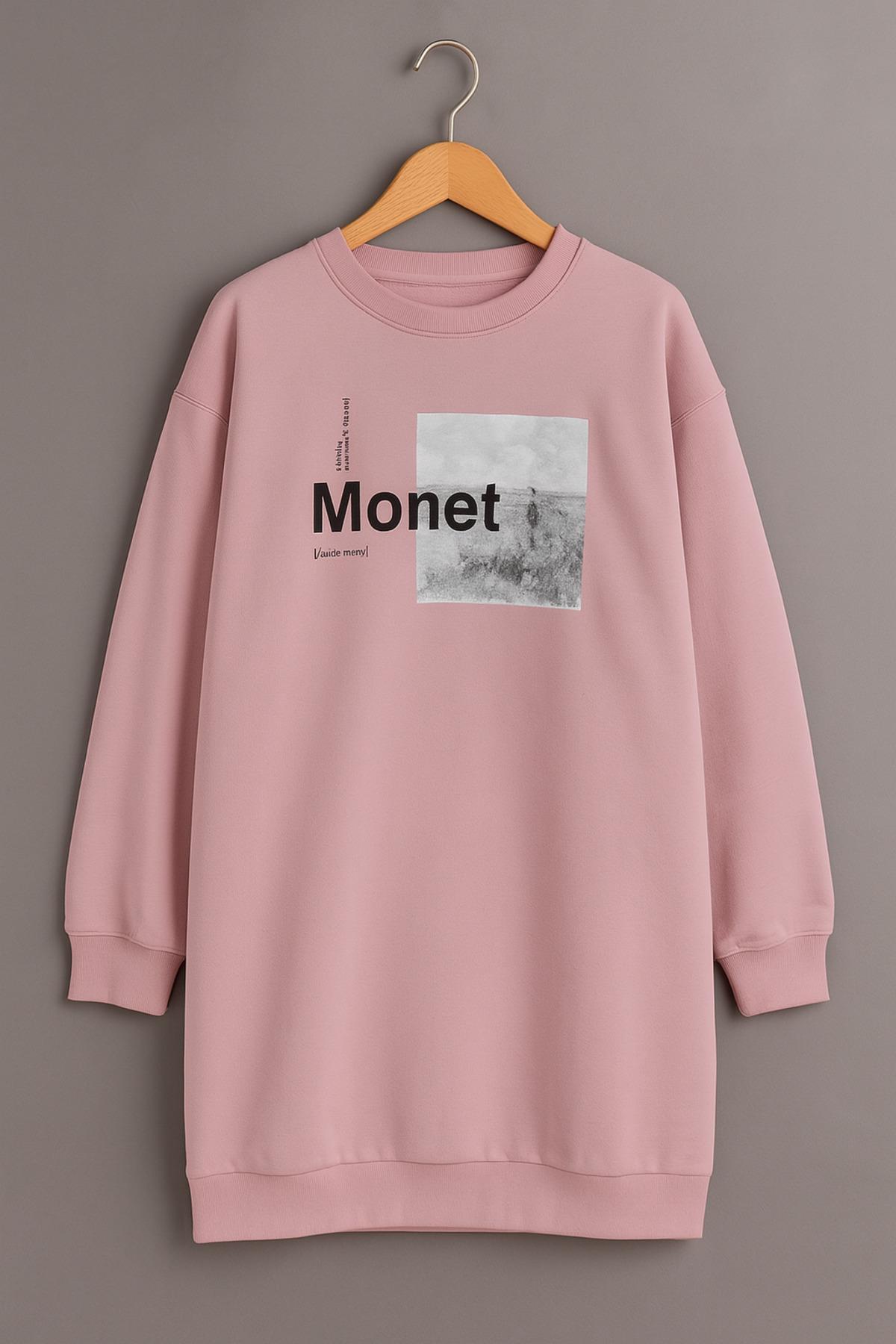 Kadın Oversize Baskılı Uzun Sweatshirt / Tunik 24539 Gül Kurusu