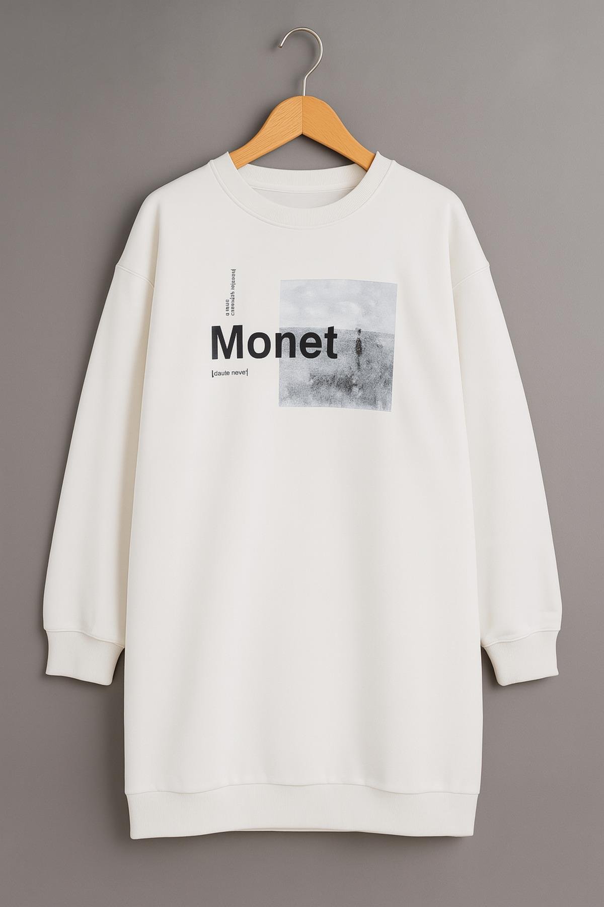 Kadın Oversize Baskılı Uzun Sweatshirt / Tunik 24539 Ekru
