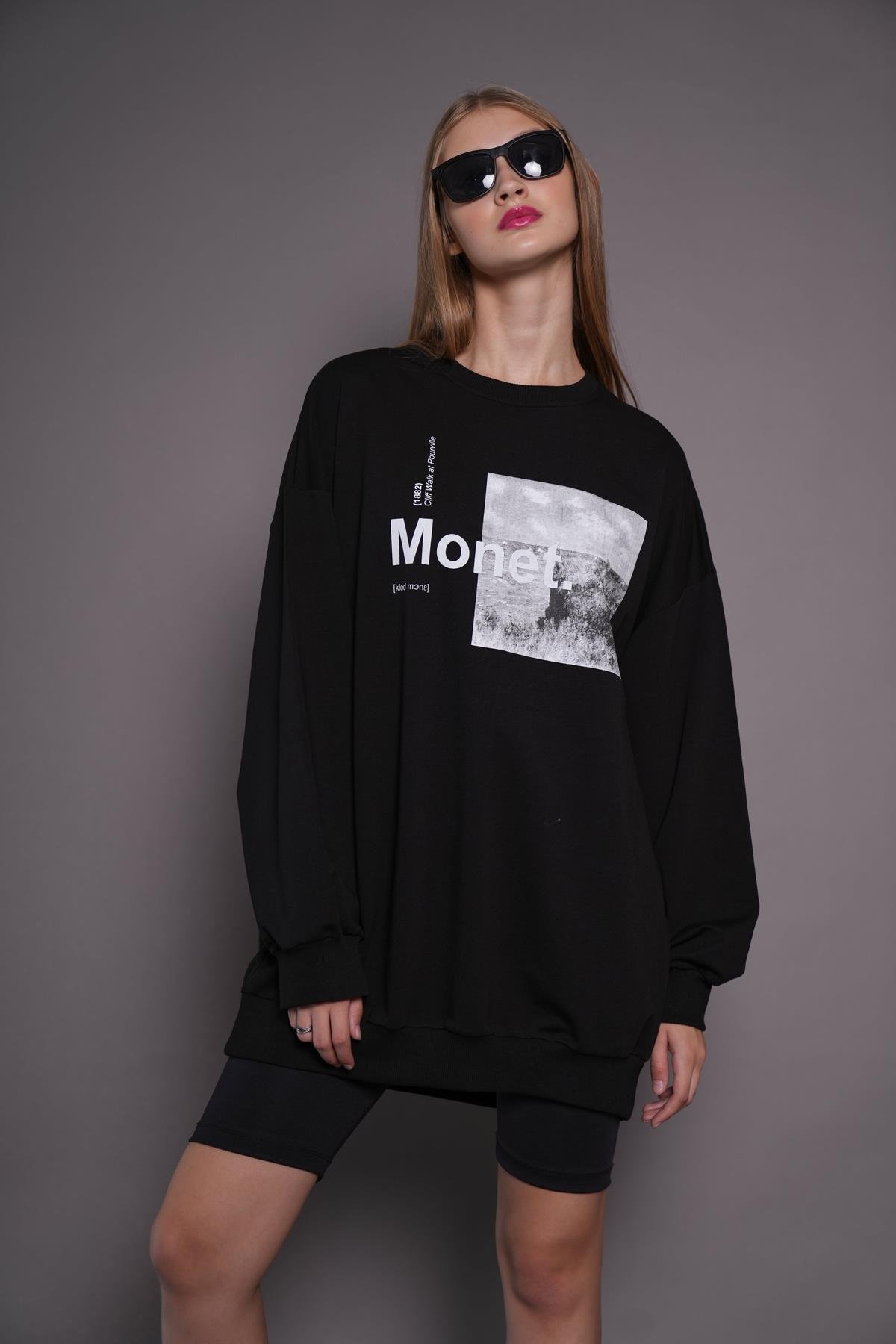Kadın Oversize Baskılı Uzun Sweatshirt / Tunik 24539 Siyah