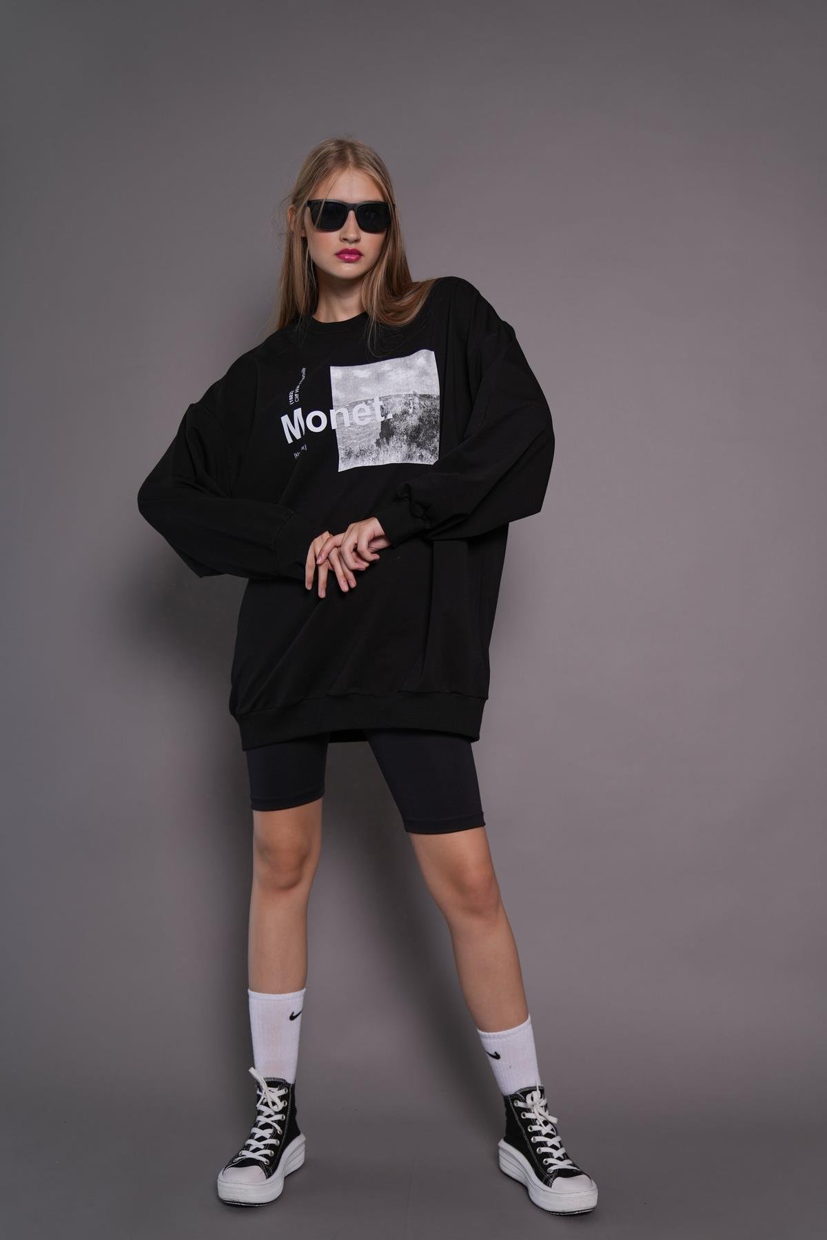 Kadın Oversize Baskılı Uzun Sweatshirt / Tunik 24539 Siyah