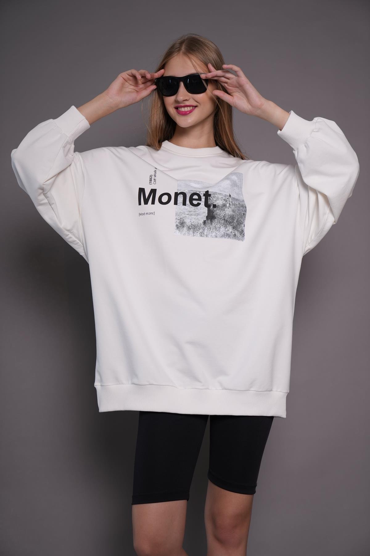 Kadın Oversize Baskılı Uzun Sweatshirt / Tunik 24539 Ekru