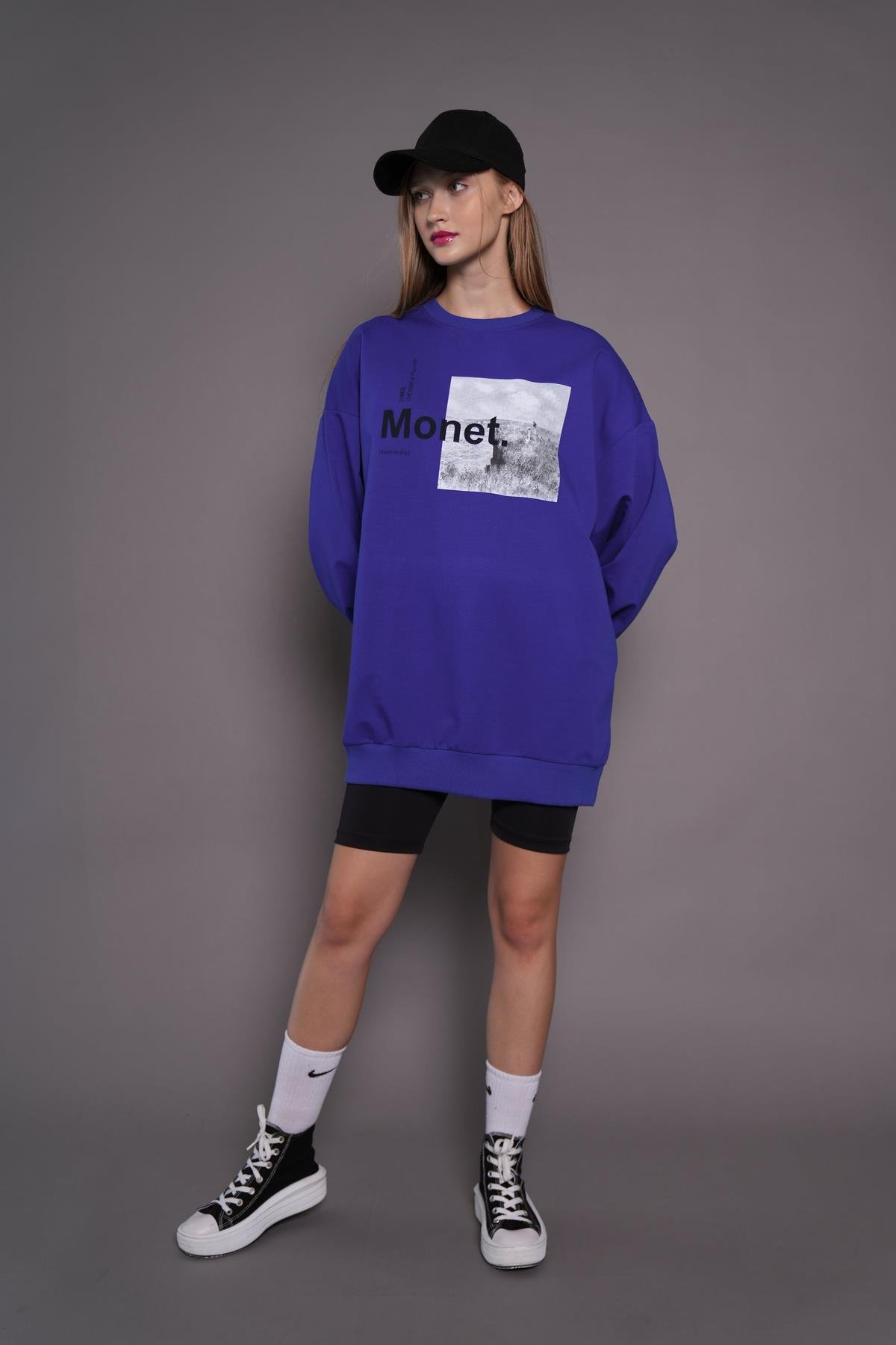 Kadın Oversize Baskılı Uzun Sweatshirt / Tunik 24539 Sax