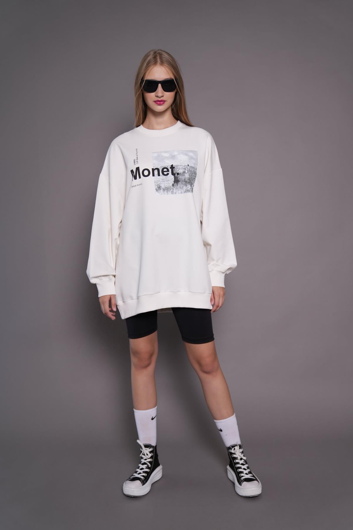 Kadın Oversize Baskılı Uzun Sweatshirt / Tunik 24539 Ekru