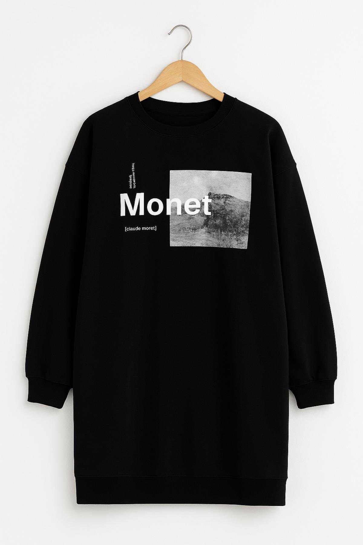 Kadın Oversize Baskılı Uzun Sweatshirt / Tunik 24539 Siyah