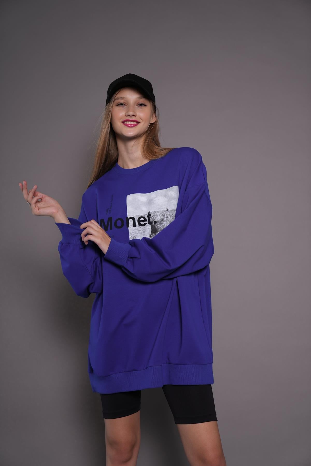 Kadın Oversize Baskılı Uzun Sweatshirt / Tunik 24539 Sax