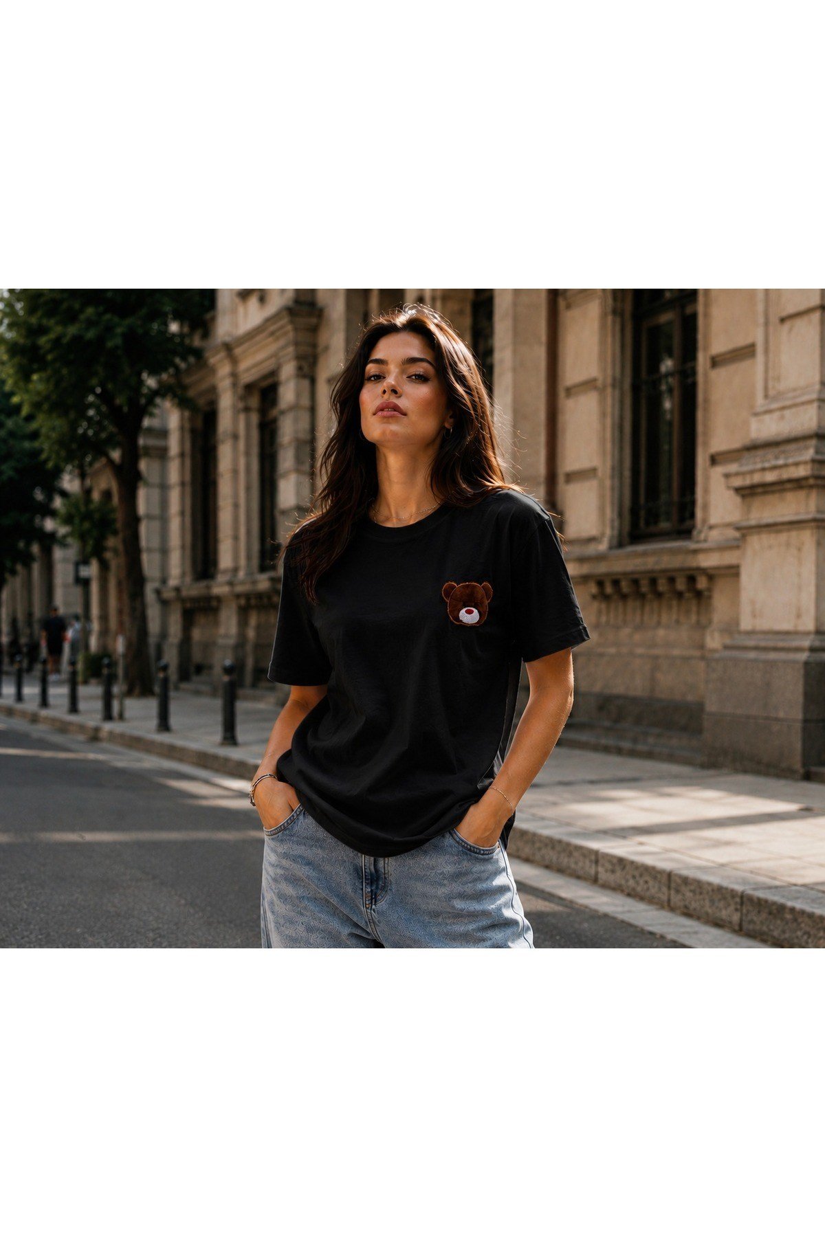 Kadın Oversize Nakışlı Pamuklu Tişort