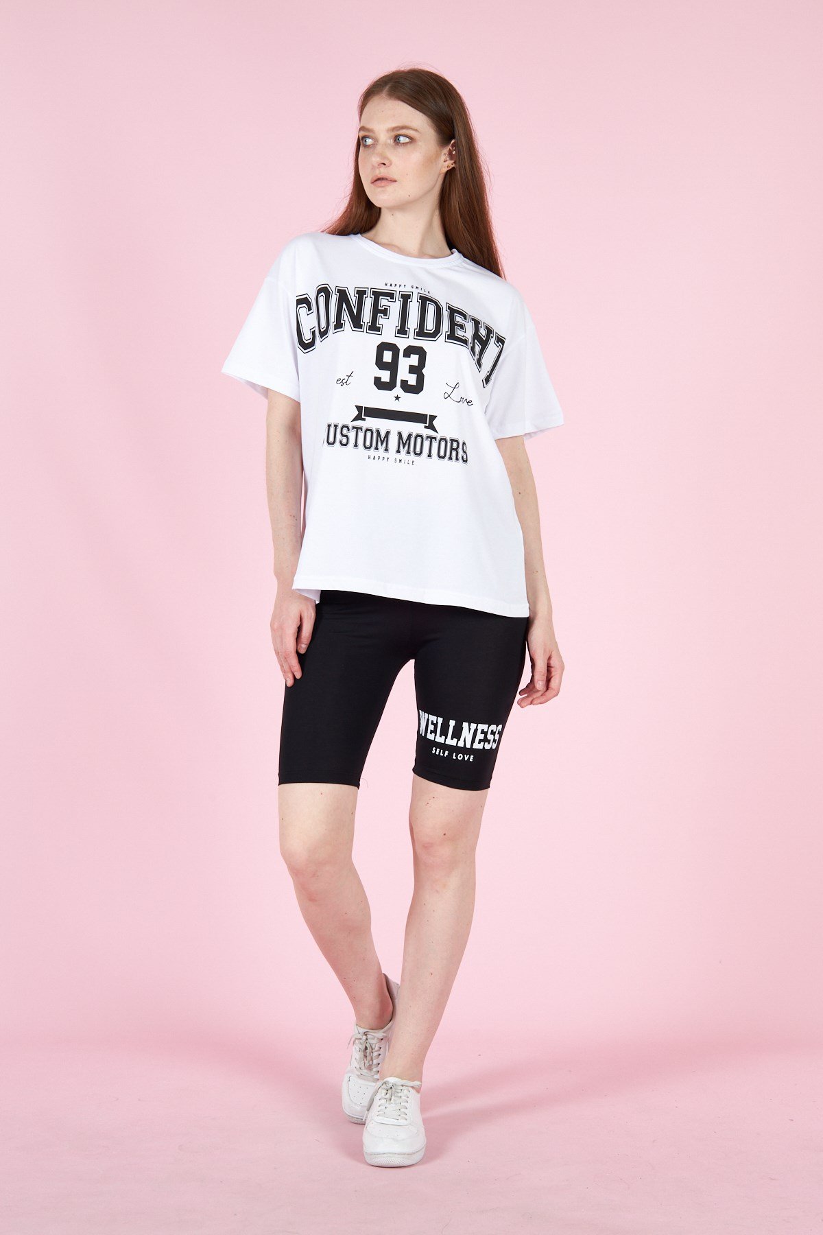 Kadın Oversize Tişort Ve Taytlı Spor Takım Pamuklu 23008-1 Siyah