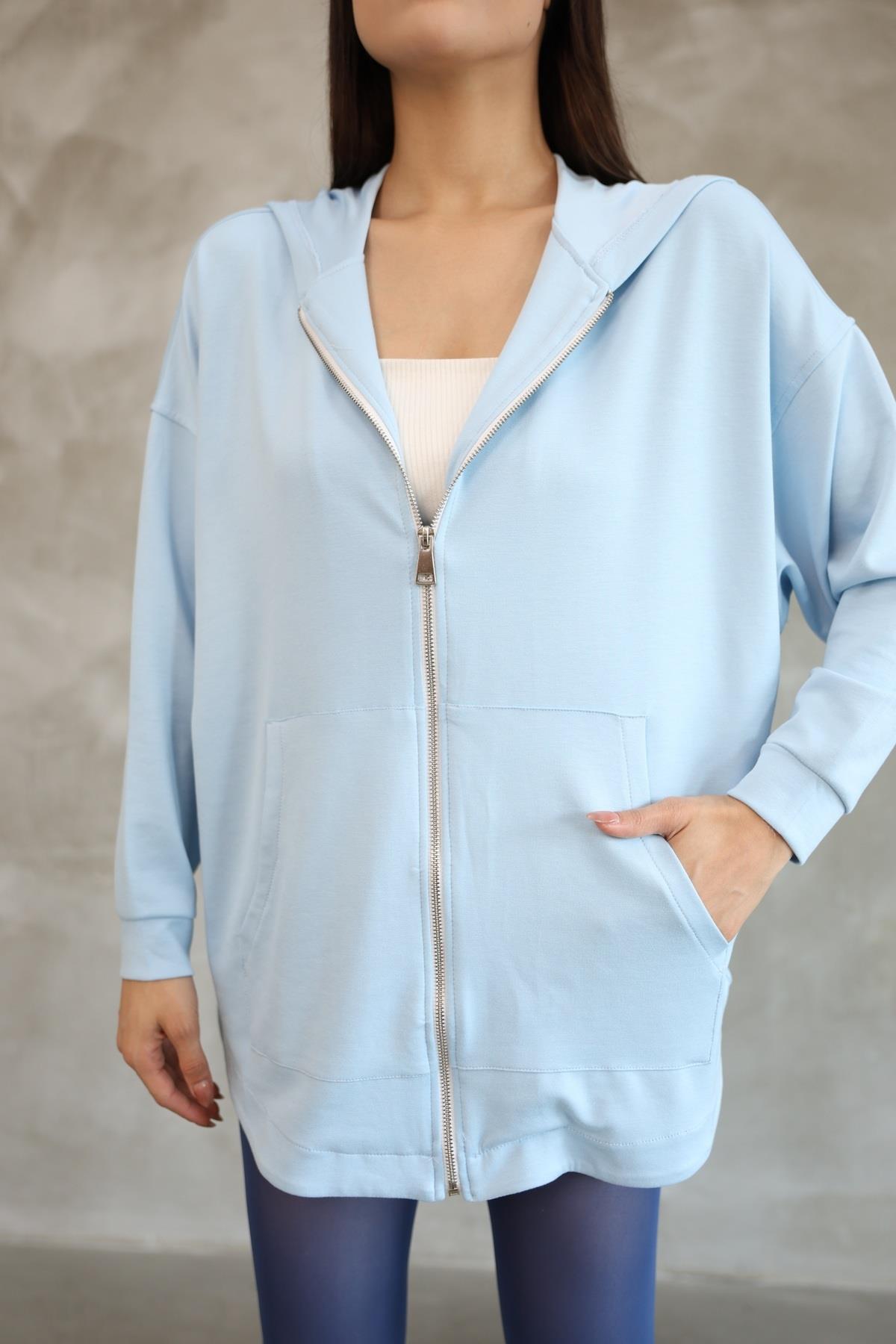 Kadın Premium Soft Modal Kapüşonlu Oversize Fermuarlı Sweatshirt 25518