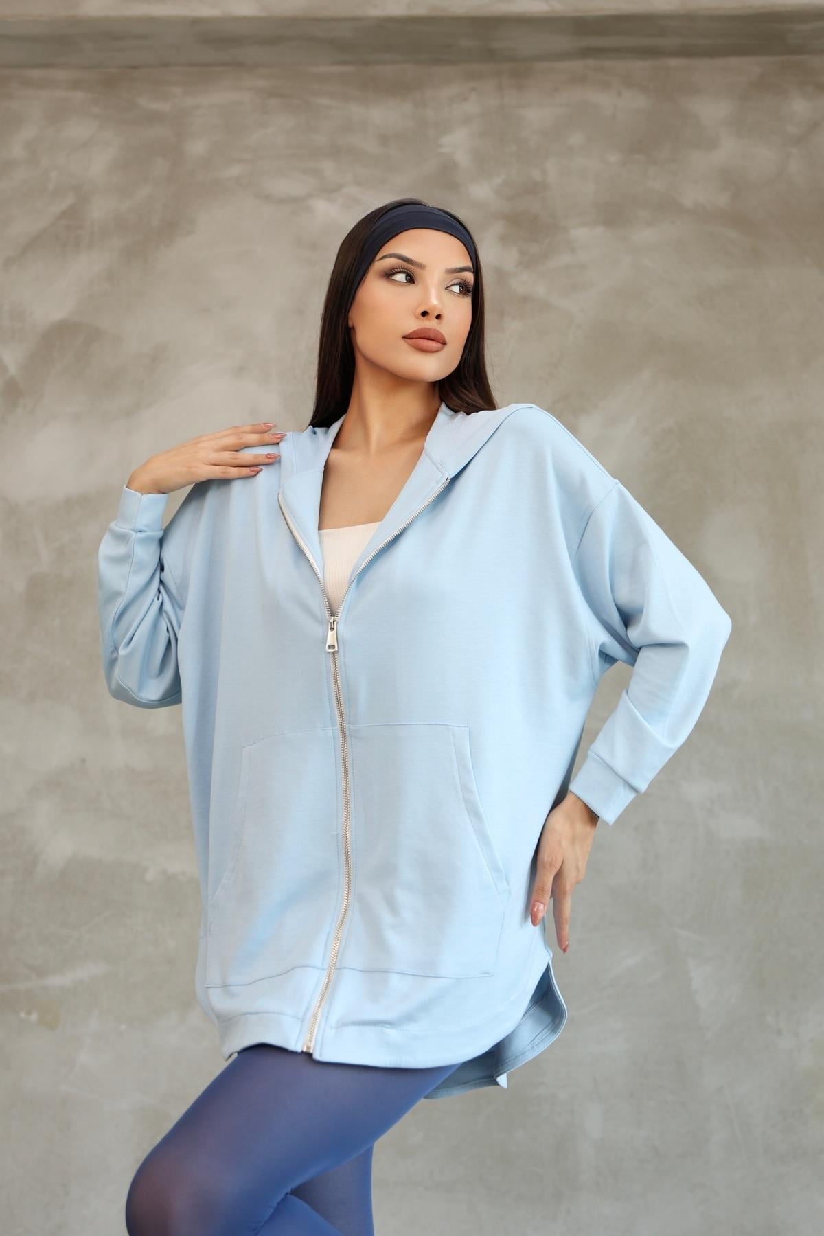 Kadın Premium Soft Modal Kapüşonlu Oversize Fermuarlı Sweatshirt 25518