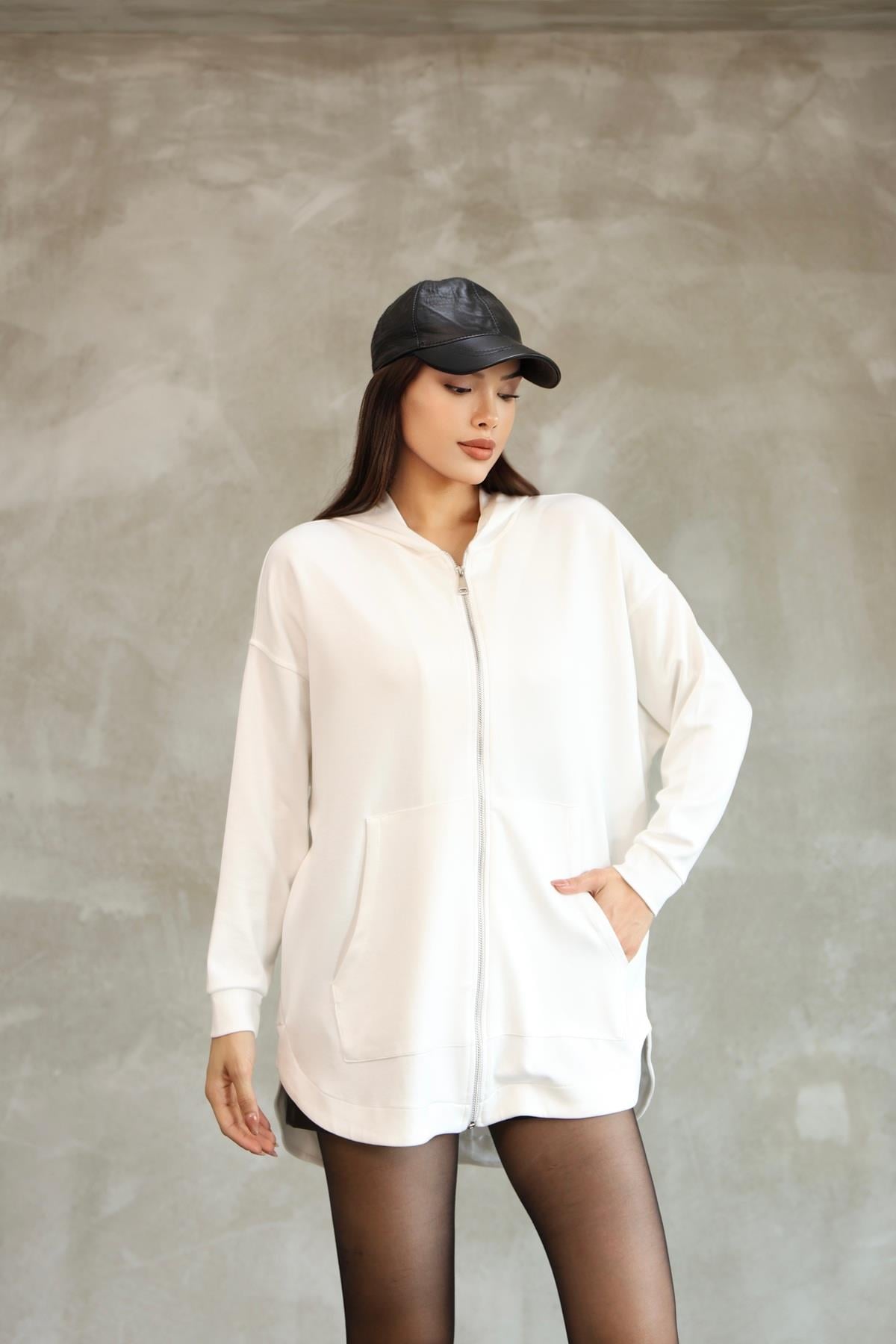 Kadın Premium Soft Modal Kapüşonlu Oversize Fermuarlı Sweatshirt 25518