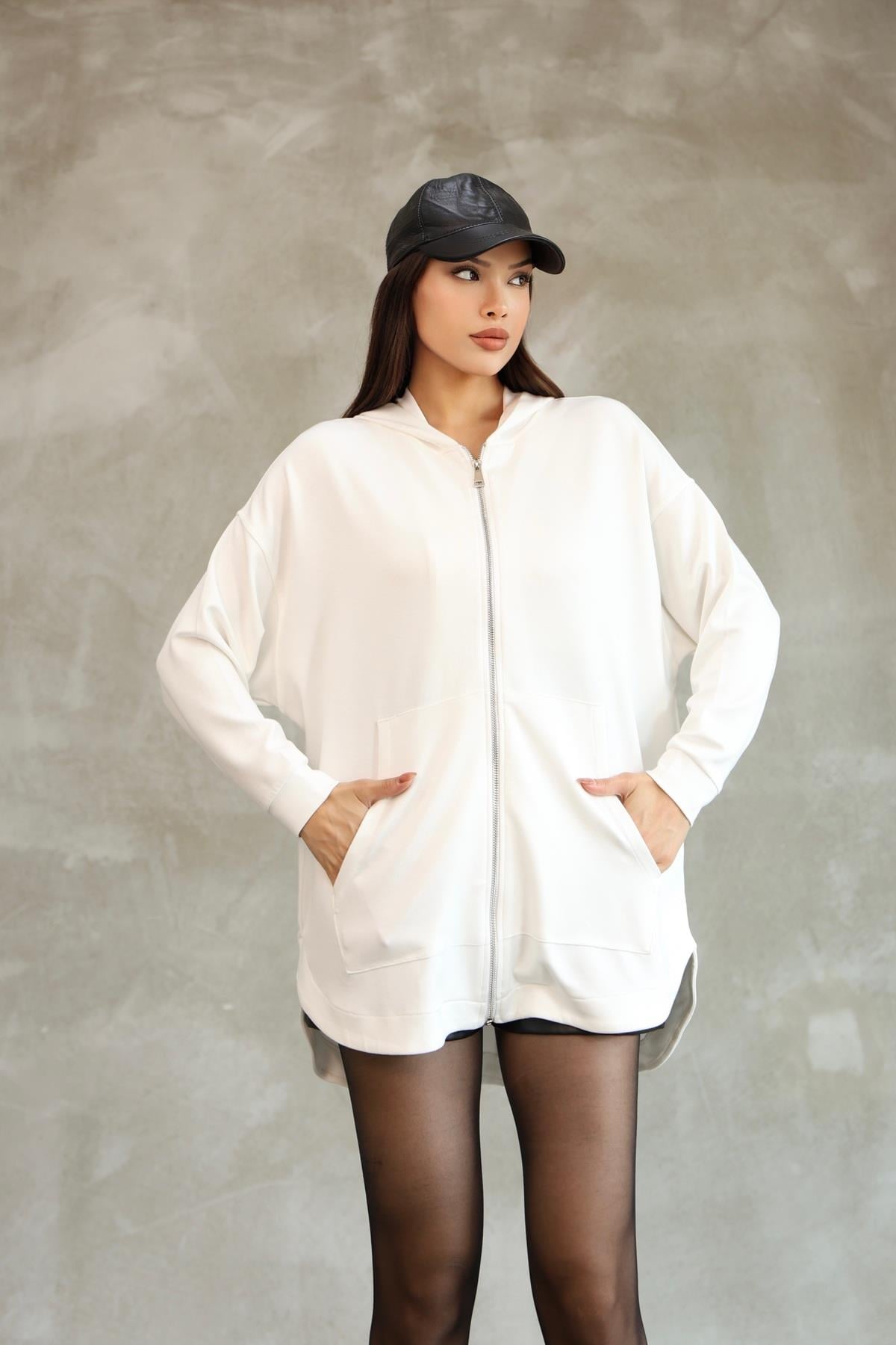 Kadın Premium Soft Modal Kapüşonlu Oversize Fermuarlı Sweatshirt 25518