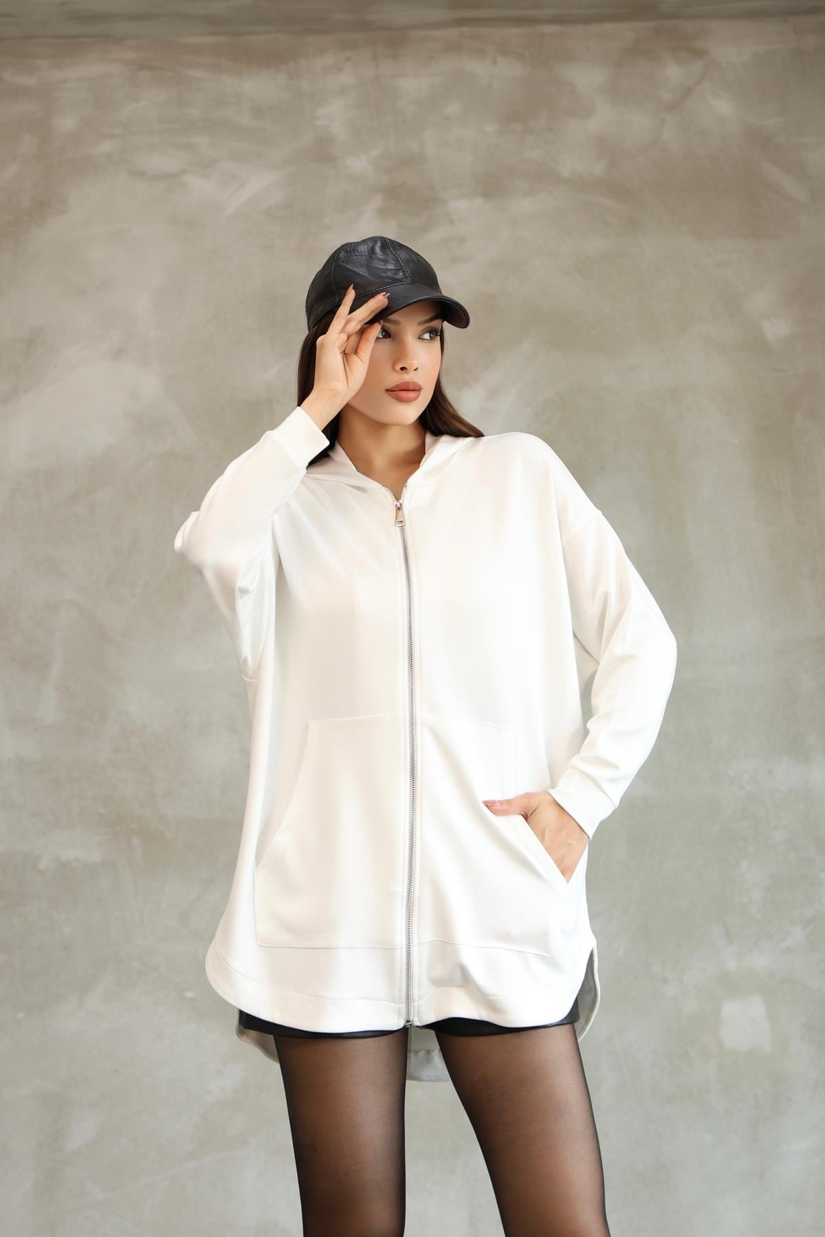 Kadın Premium Soft Modal Kapüşonlu Oversize Fermuarlı Sweatshirt 25518