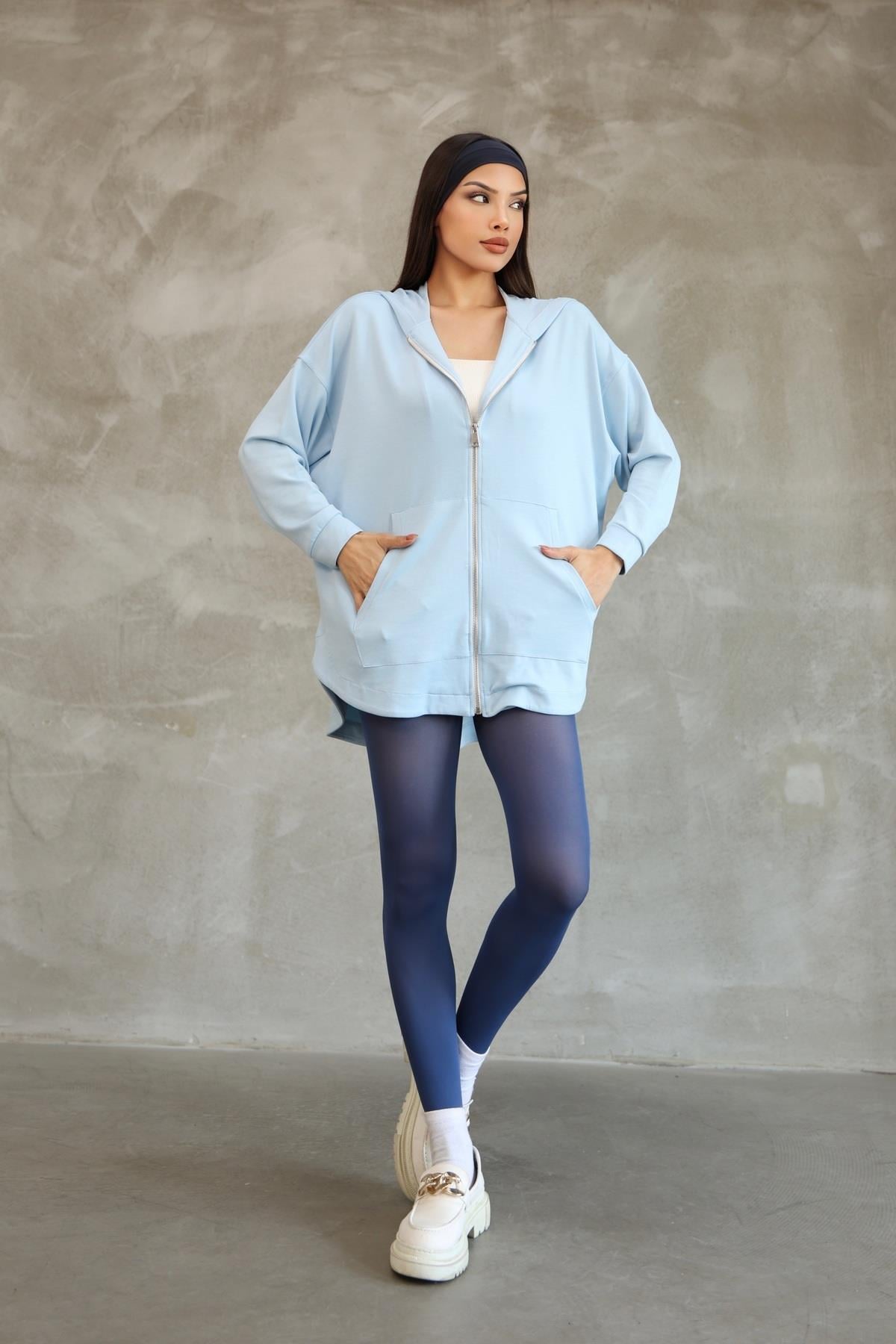 Kadın Premium Soft Modal Kapüşonlu Oversize Fermuarlı Sweatshirt 25518