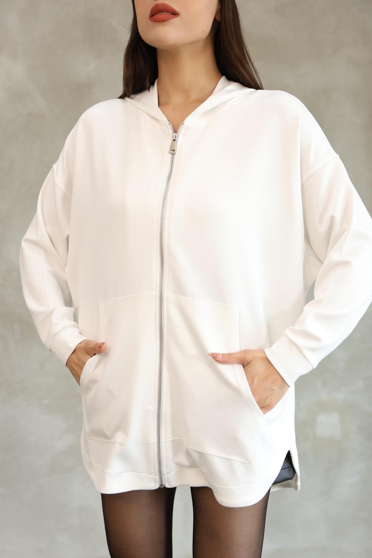 Kadın Premium Soft Modal Kapüşonlu Oversize Fermuarlı Sweatshirt 25518