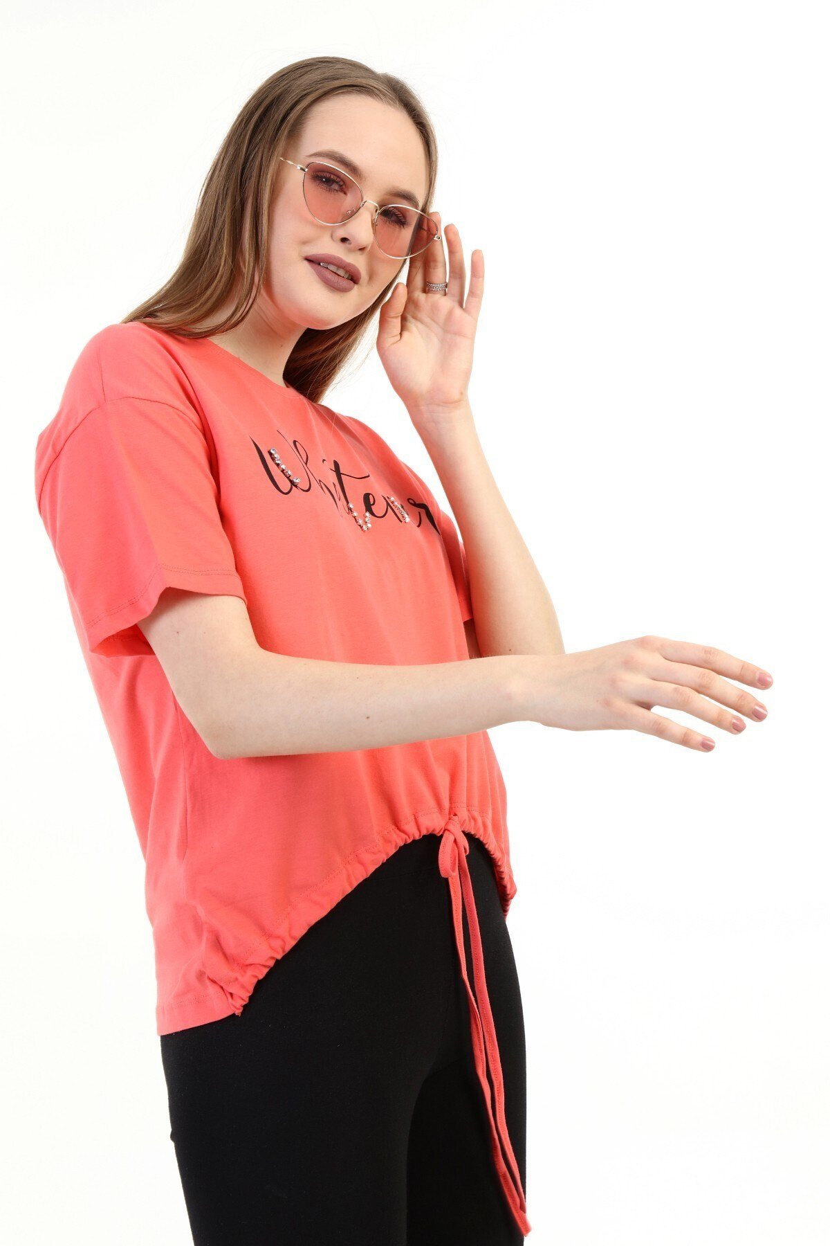 Kadın Taşlı Baskılı Fuşya T-shirt 20010