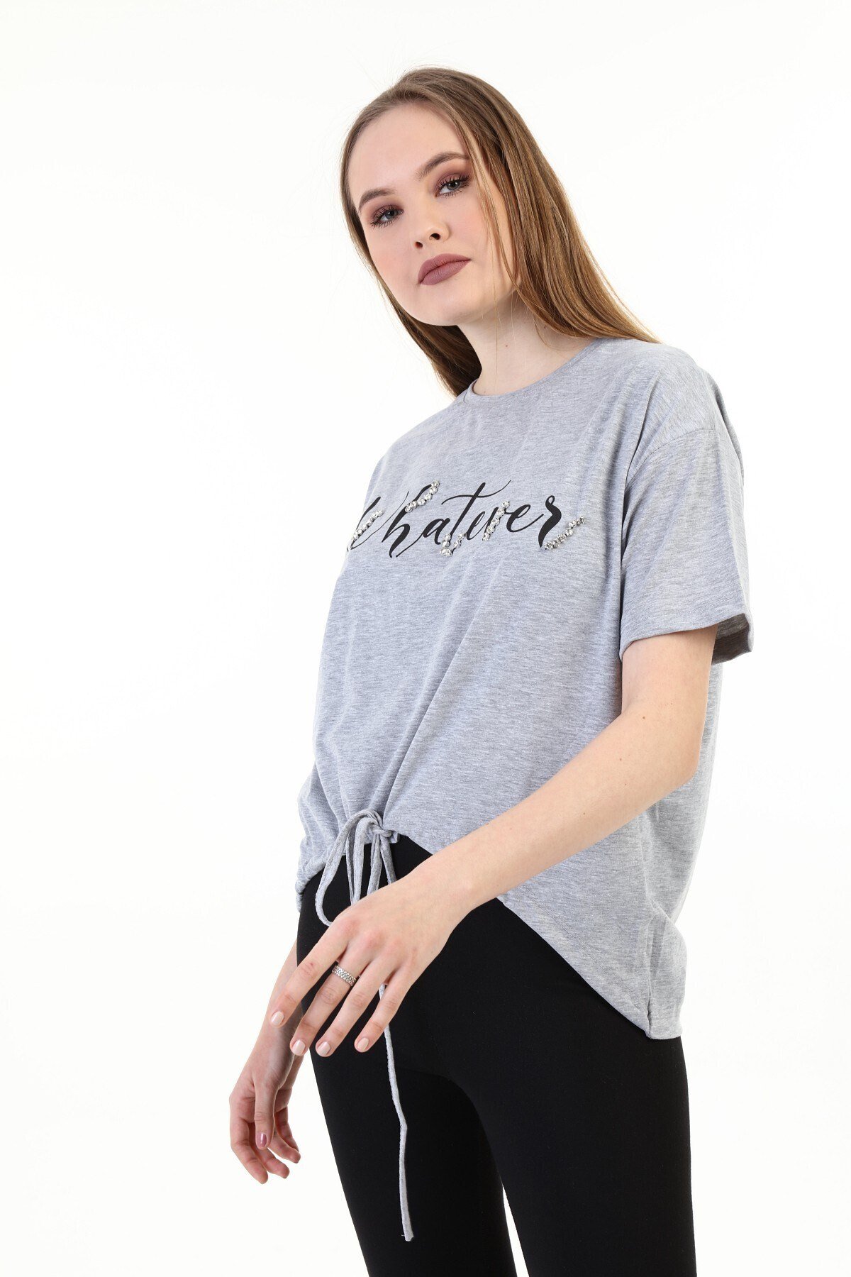 Kadın Taşlı Baskılı Gri T-shirt 20010