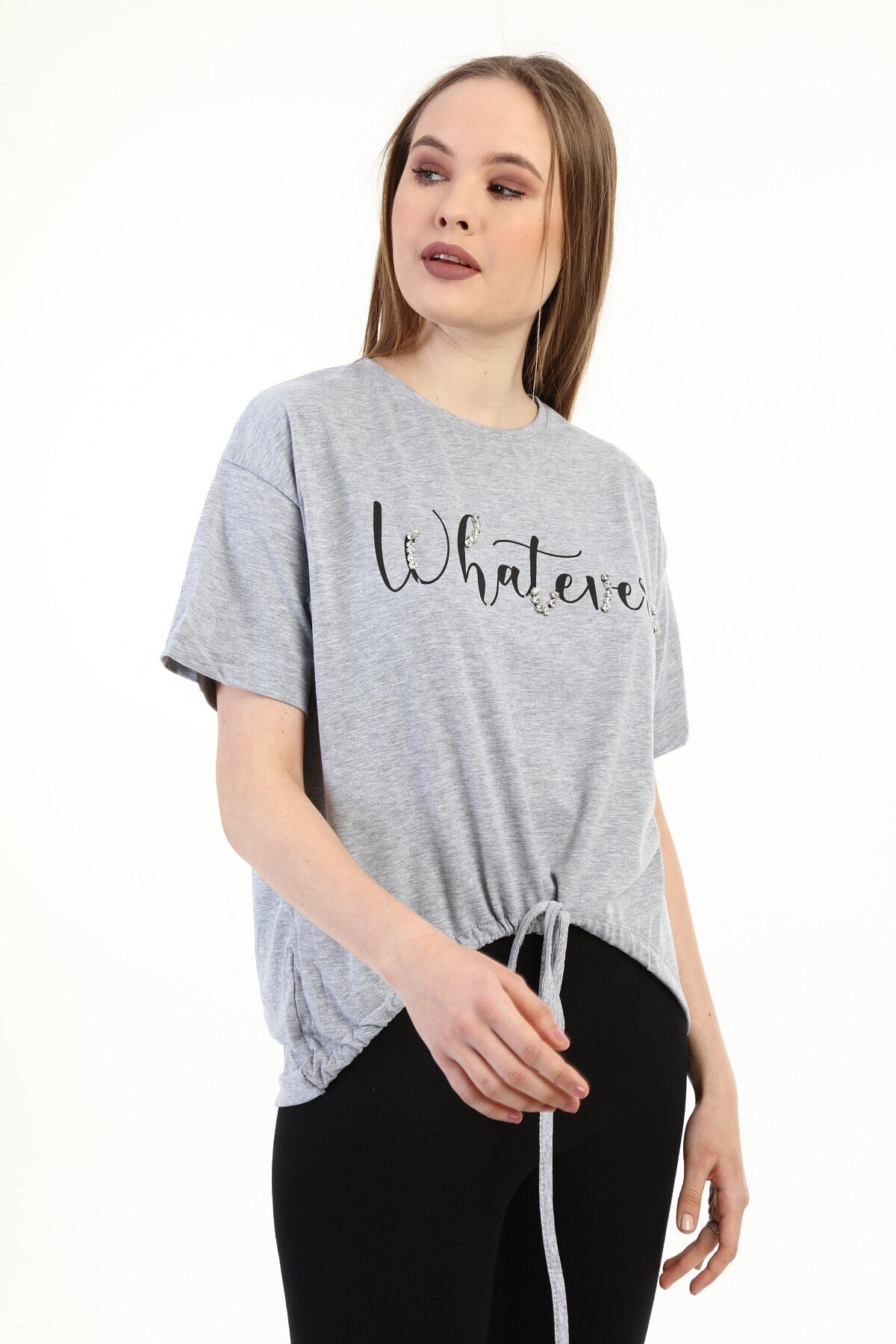 Kadın Taşlı Baskılı Gri T-shirt 20010