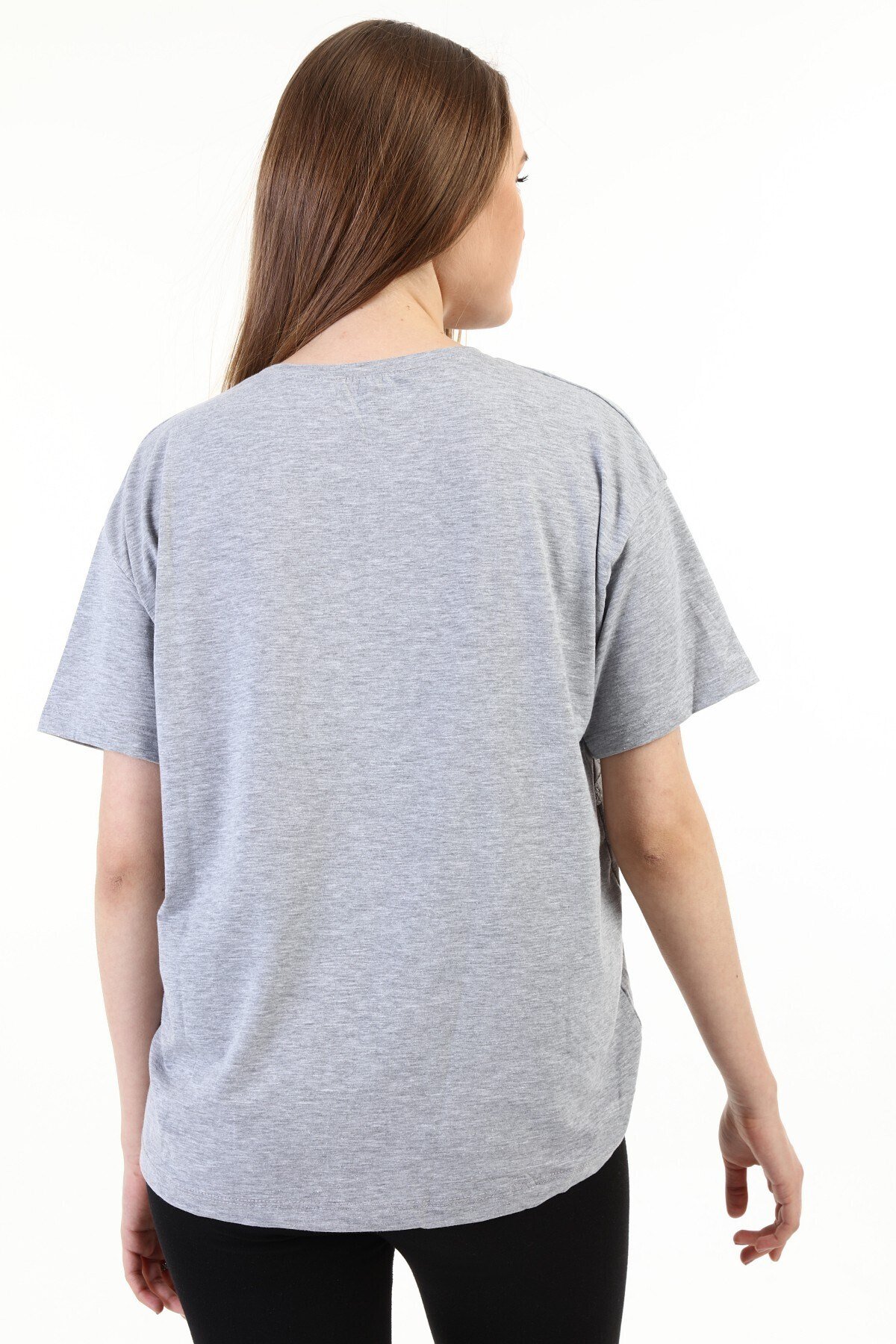 Kadın Taşlı Baskılı Gri T-shirt 20010