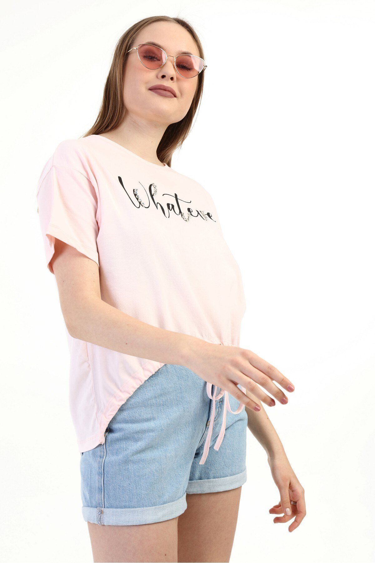 Kadın Taşlı Baskılı Pudra T-shirt 20010